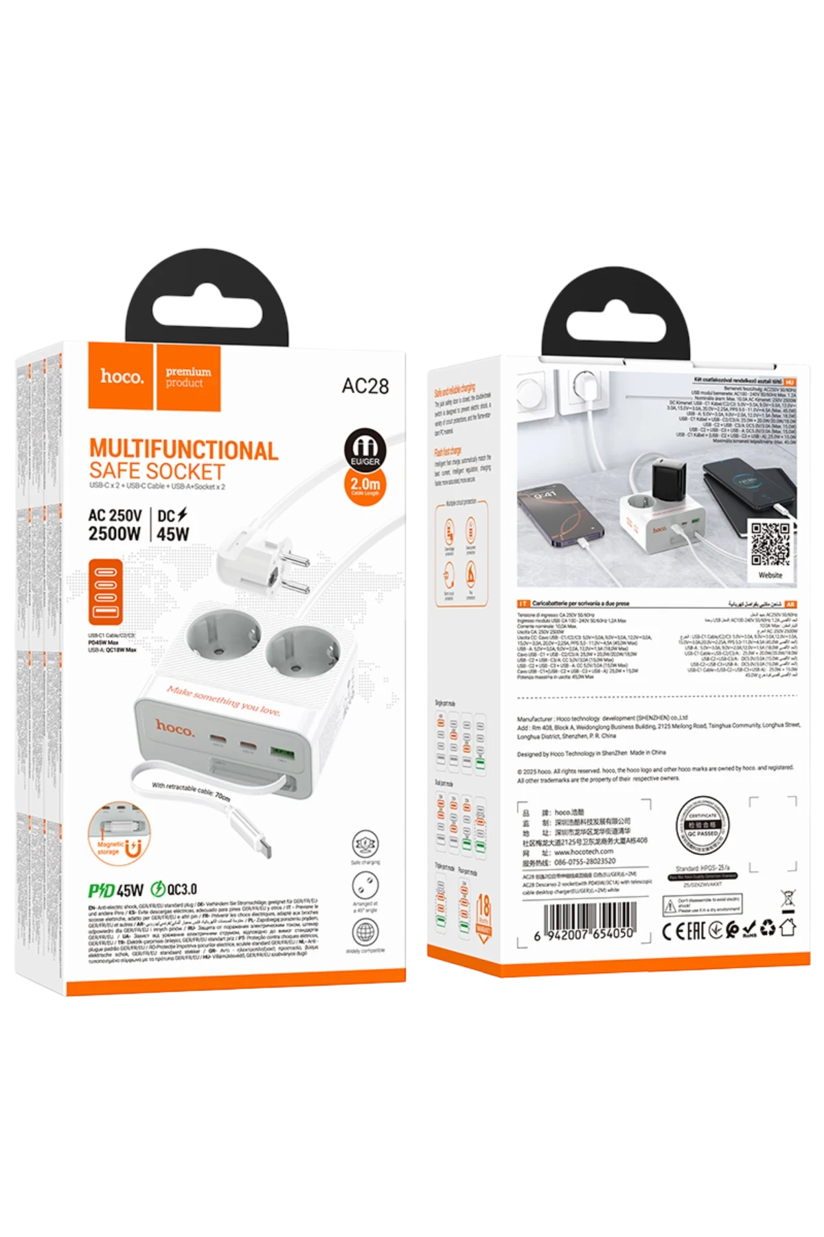 Hoco. AC28 Descanso 6in1 2M 2500W Priz Dönüştürücü - Beyaz