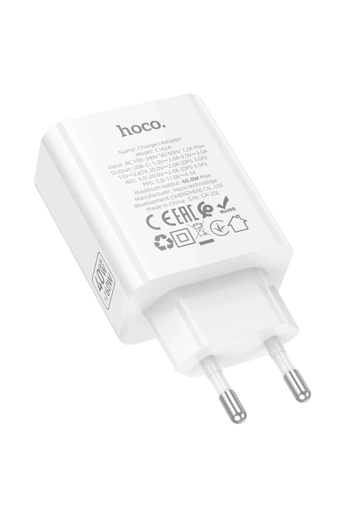 Hoco. C162A 40W PD Destekli Type-C Tek Port EU Şarj Adaptörü - Beyaz