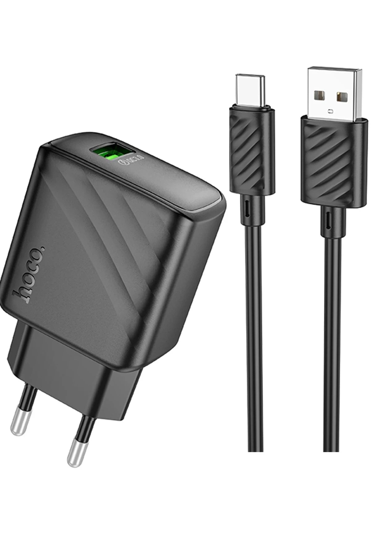 Hoco. CS21A Rich 18W USB 3.0 QC Çıkışlı Ekstra USB to Type-C Kablolu Hızlı Şarj Aleti - Siyah