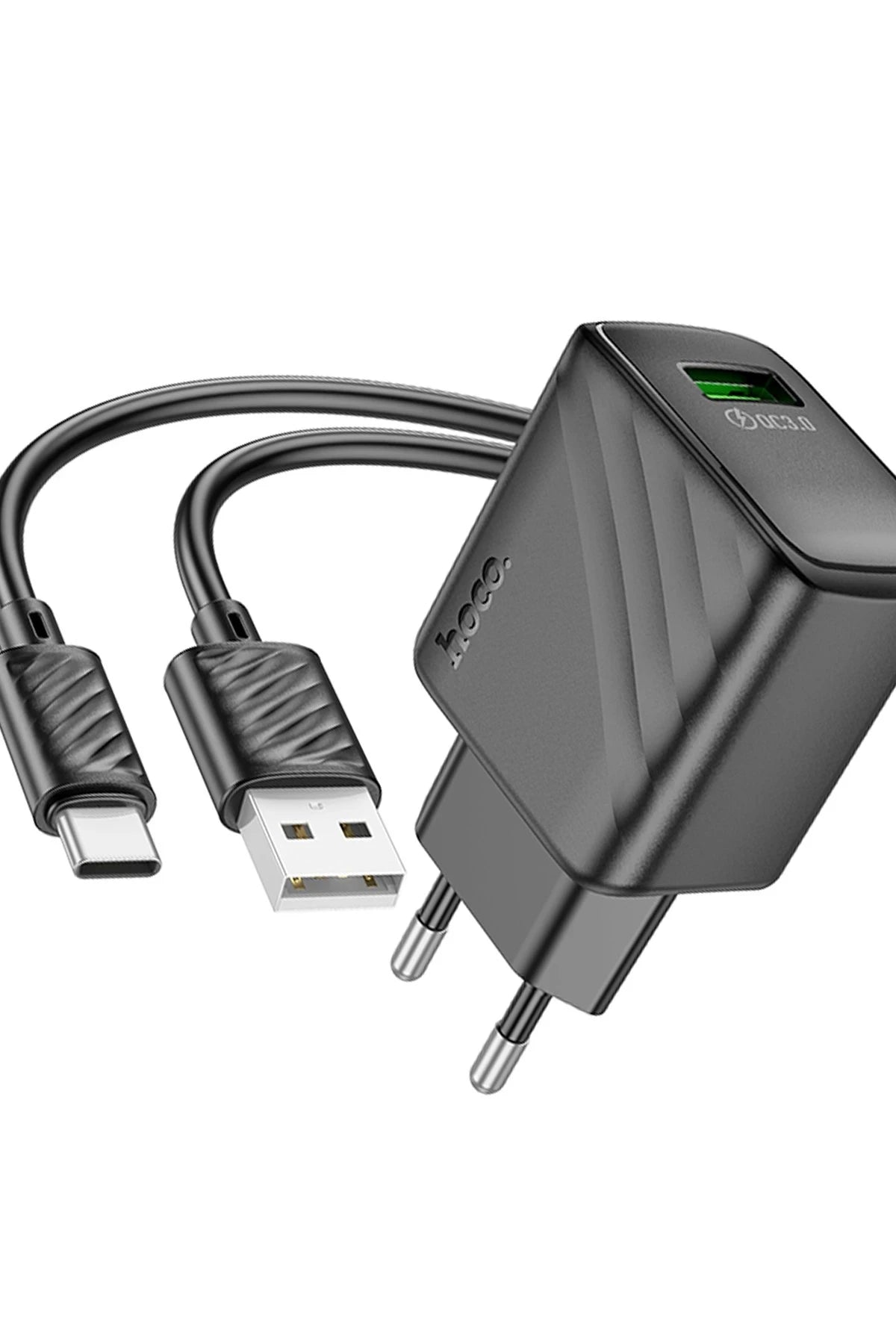 Hoco. CS21A Rich 18W USB 3.0 QC Çıkışlı Ekstra USB to Type-C Kablolu Hızlı Şarj Aleti - Siyah