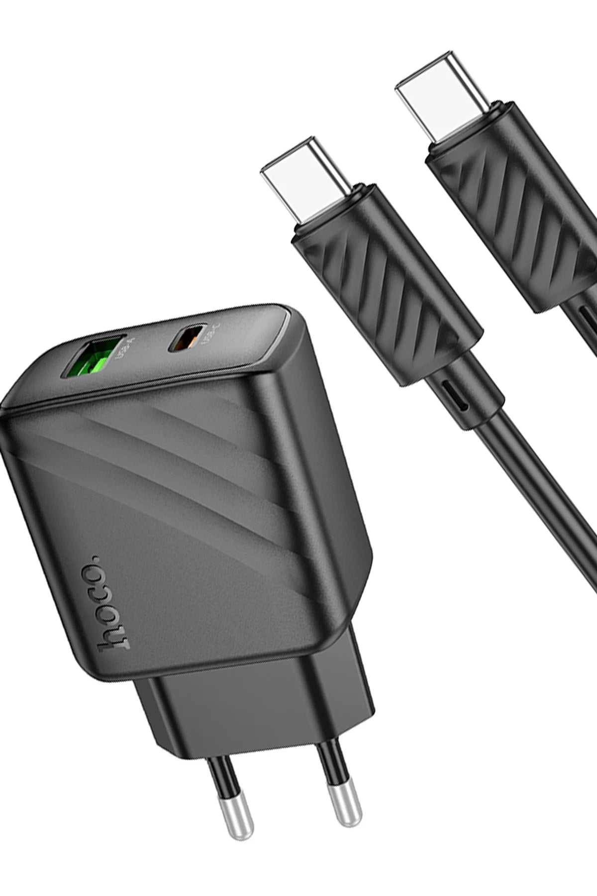 Hoco. CS23A Sunlight 30W 1 Adet Type-C ve 1 Adet USB 3.0 QC Çıkışlı Ekstra Type-C to Type-C Kablolu PD Hızlı Şarj Aleti - Siyah