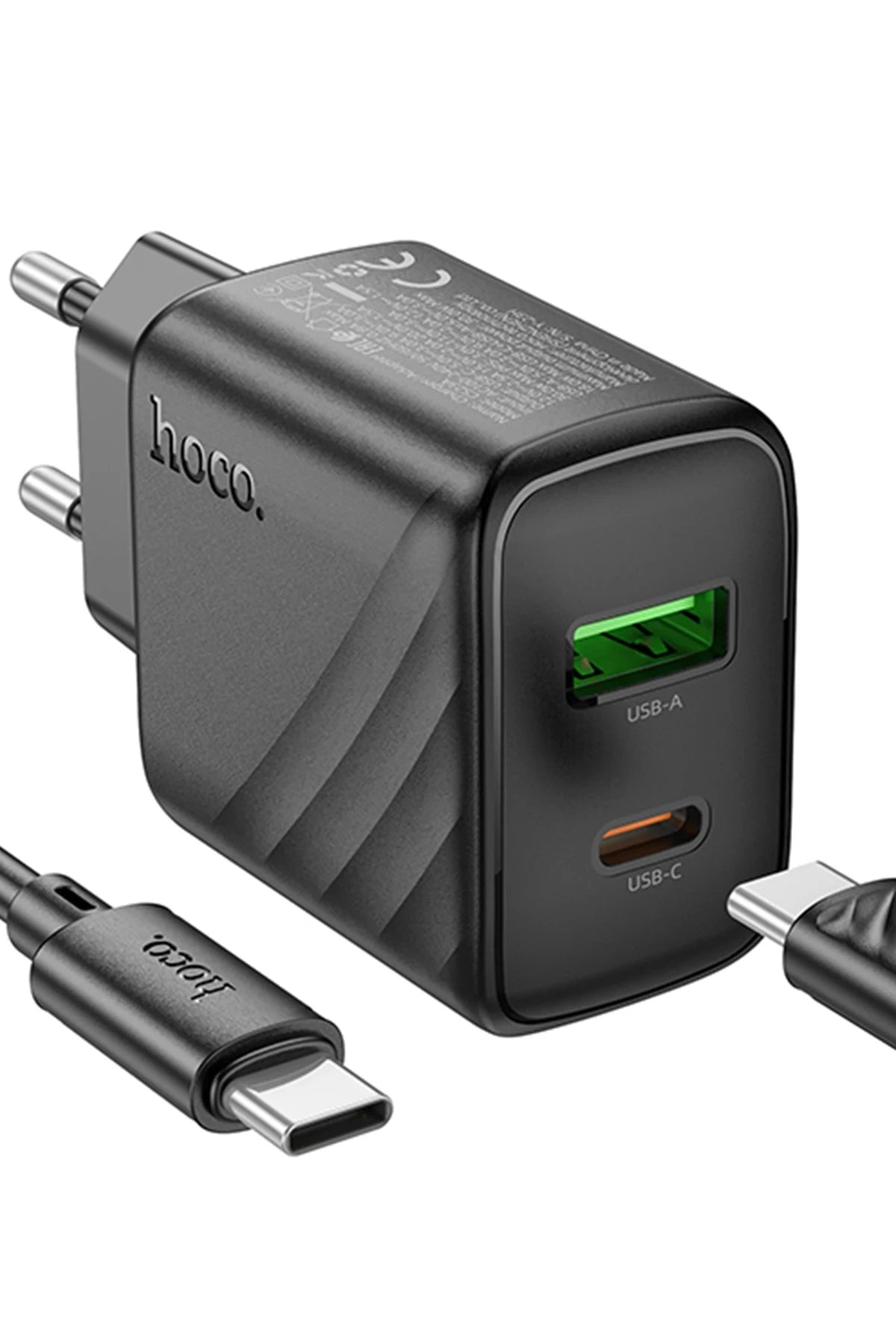 Hoco. CS23A Sunlight 30W 1 Adet Type-C ve 1 Adet USB 3.0 QC Çıkışlı Ekstra Type-C to Type-C Kablolu PD Hızlı Şarj Aleti - Siyah