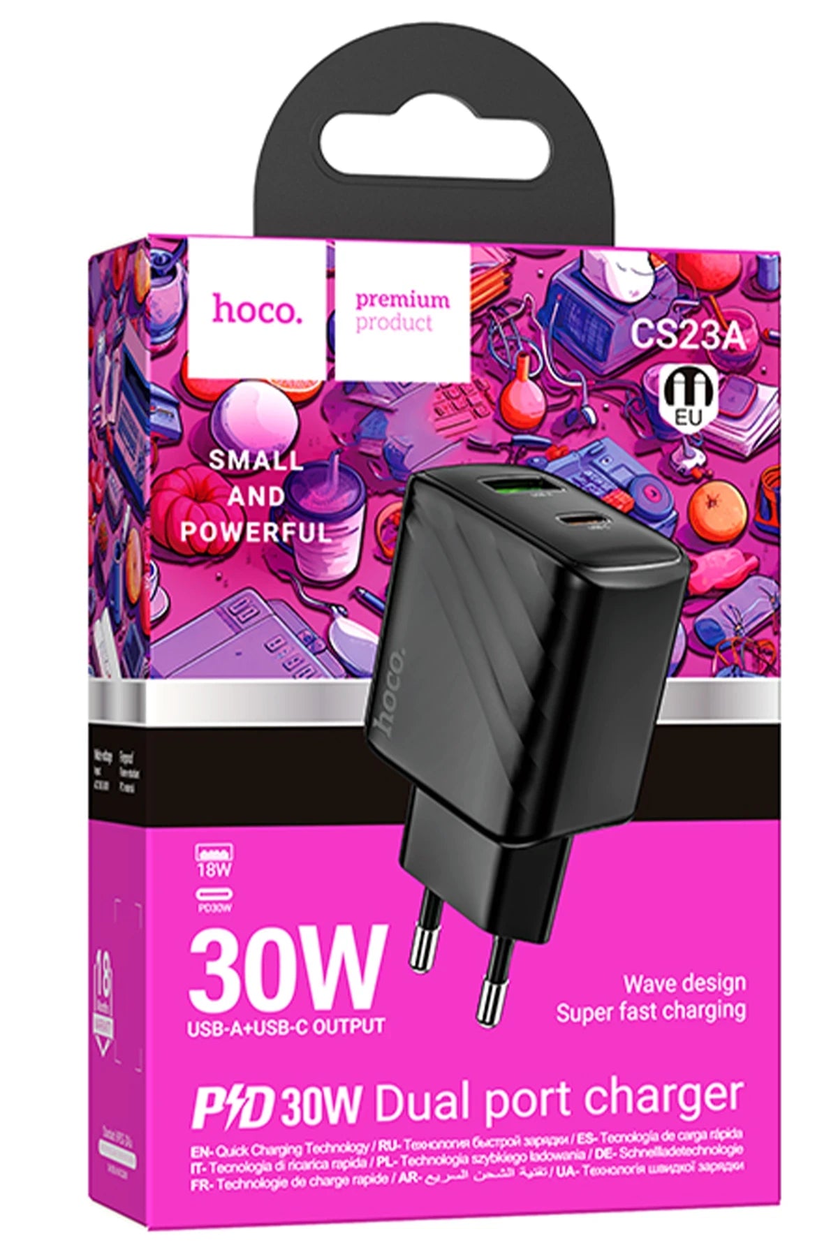 Hoco. CS23A Sunlight 30W 1 Adet Type-C ve 1 Adet USB 3.0 QC Çıkışlı PD Hızlı Şarj Aleti - Siyah