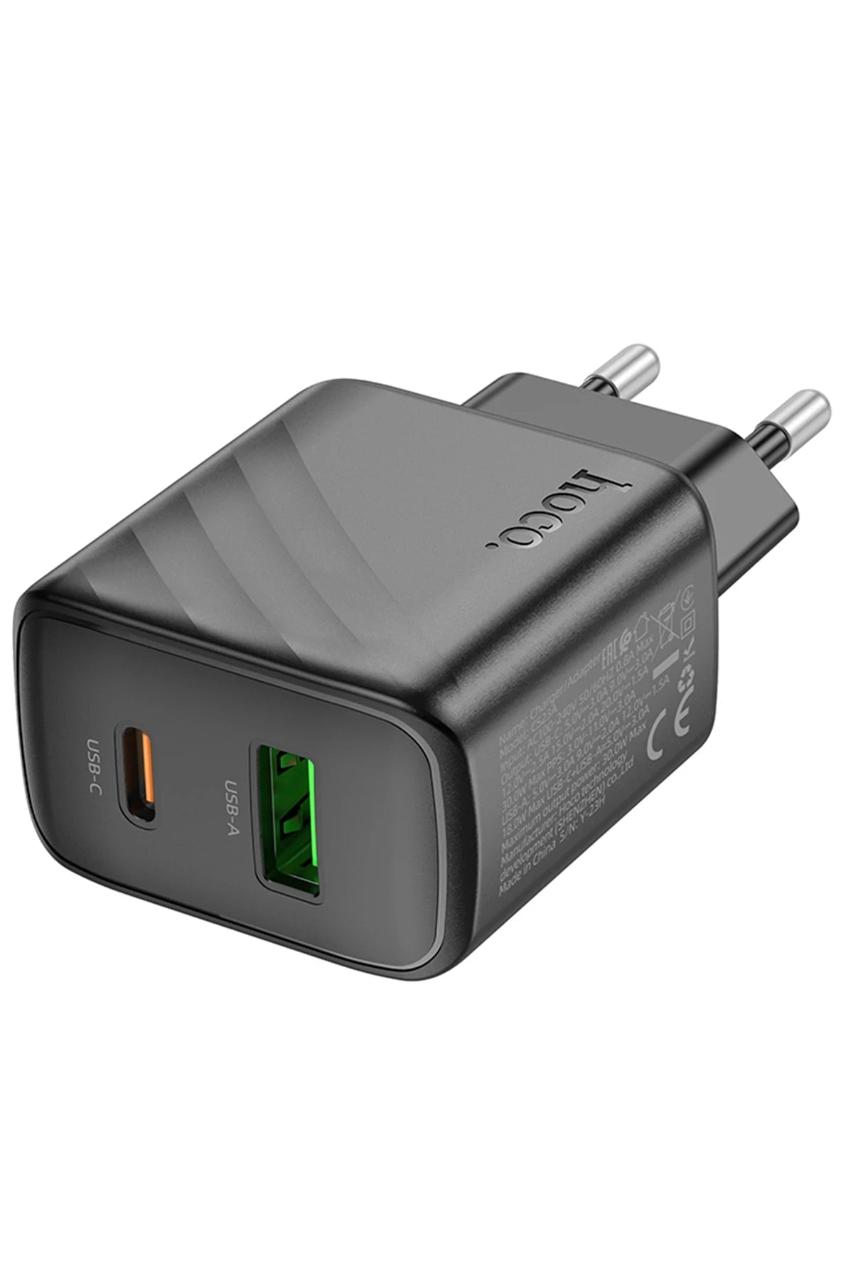 Hoco. CS23A Sunlight 30W 1 Adet Type-C ve 1 Adet USB 3.0 QC Çıkışlı PD Hızlı Şarj Aleti - Siyah