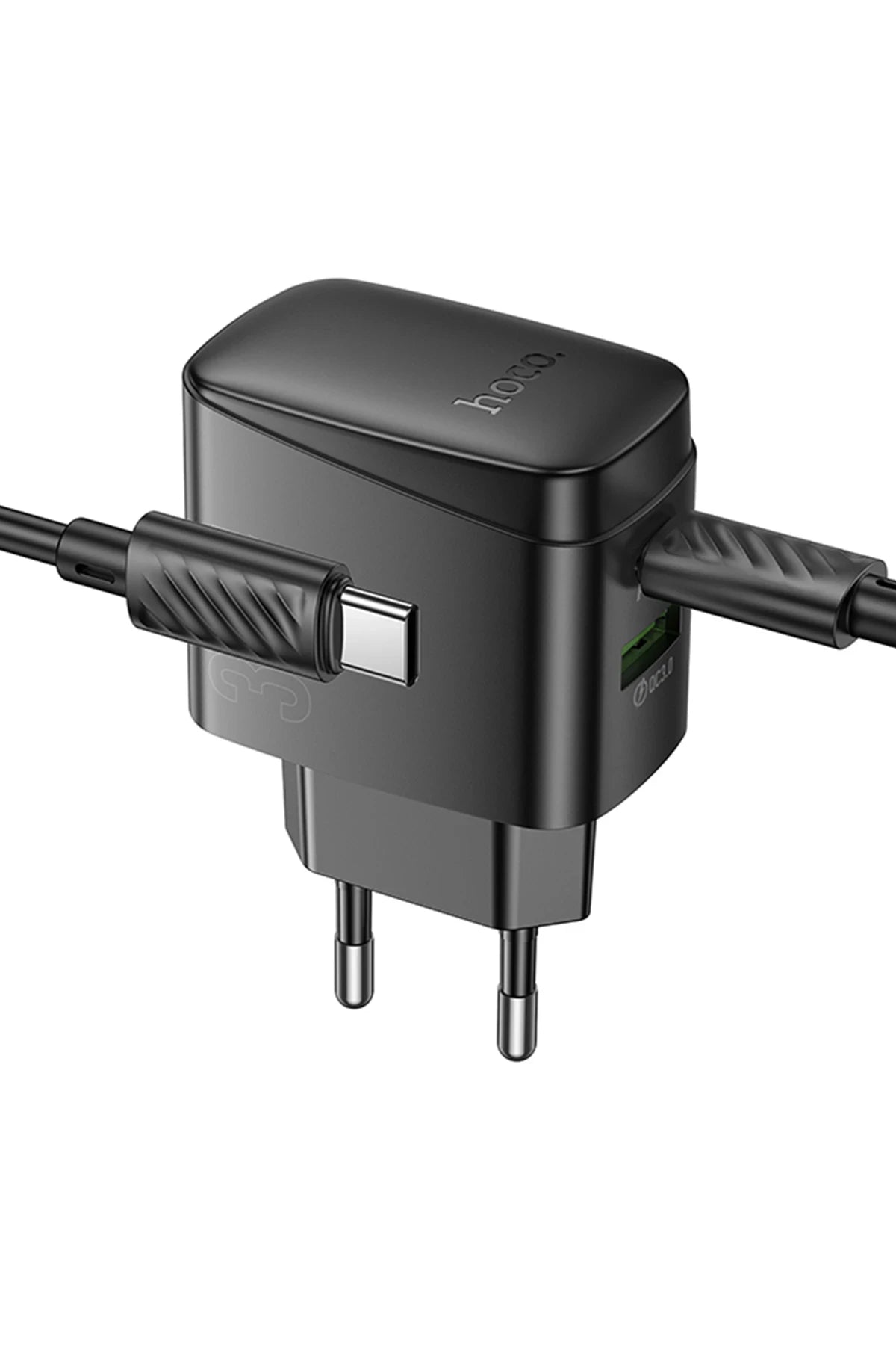 Hoco. CS61A Bright 30W 1 Adet Type-C ve 1 Adet USB 3.0 QC Çıkışlı Ekstra Type-C to Type-C Kablolu PD Hızlı Şarj Aleti - Siyah