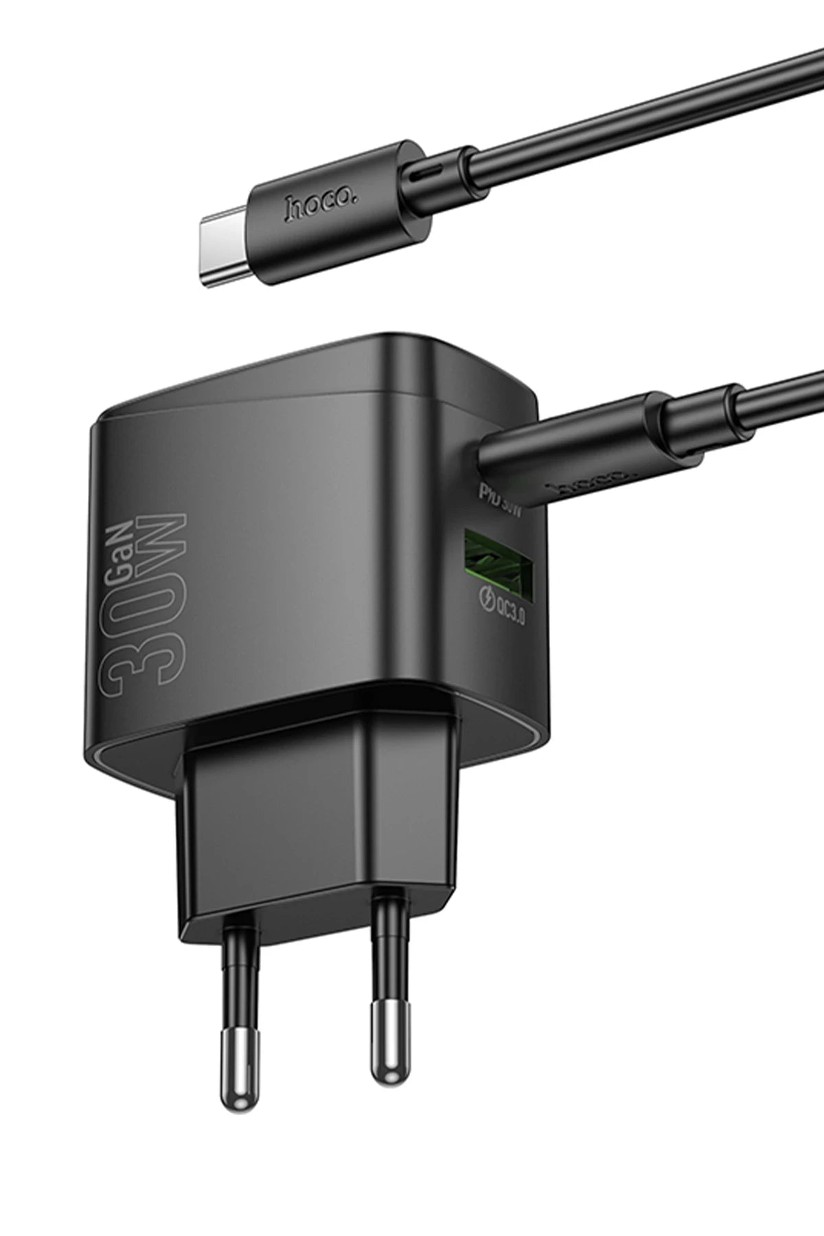 Hoco. CS61A Bright 30W 1 Adet Type-C ve 1 Adet USB 3.0 QC Çıkışlı Ekstra Type-C to Type-C Kablolu PD Hızlı Şarj Aleti - Siyah