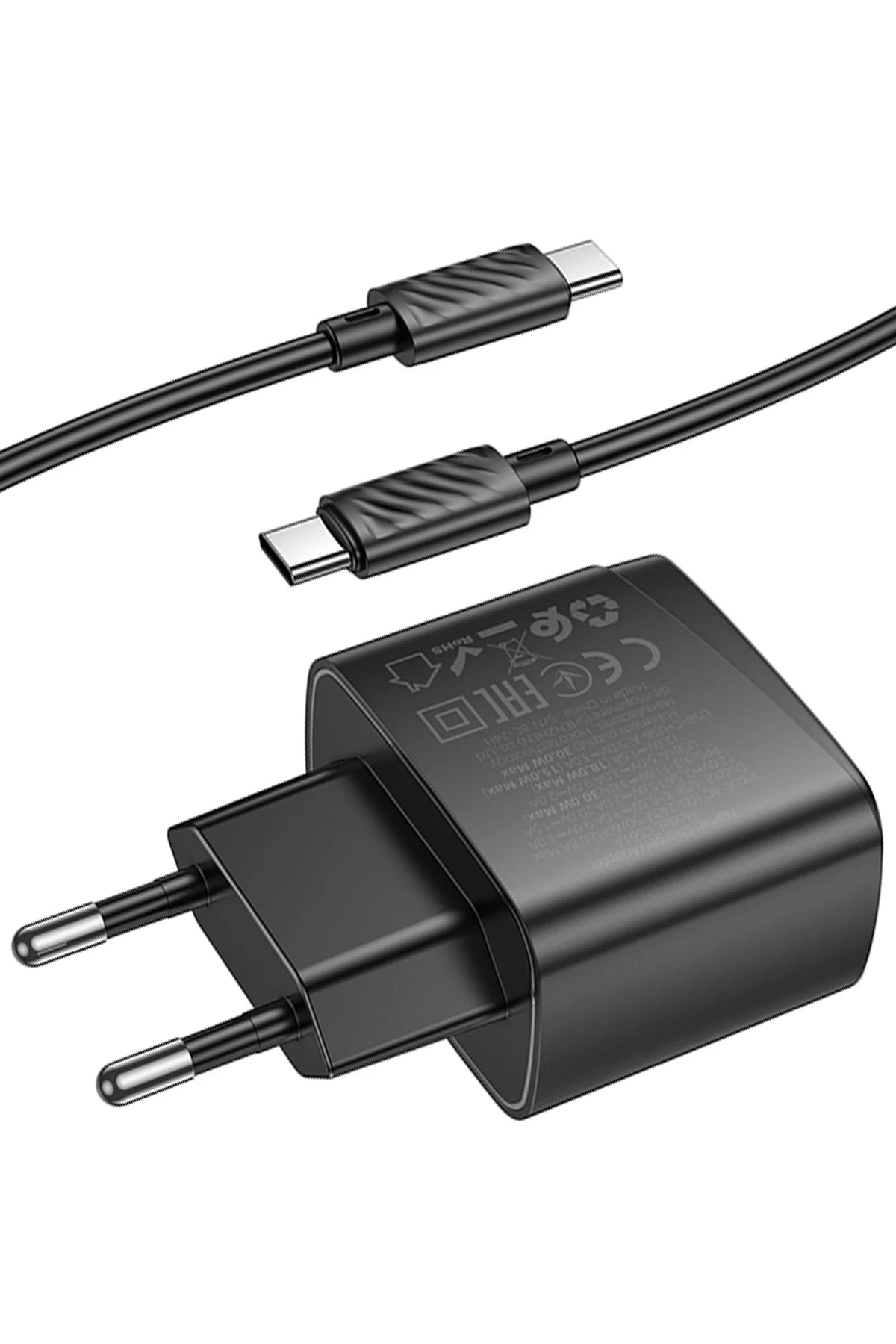 Hoco. CS61A Bright 30W 1 Adet Type-C ve 1 Adet USB 3.0 QC Çıkışlı Ekstra Type-C to Type-C Kablolu PD Hızlı Şarj Aleti - Siyah