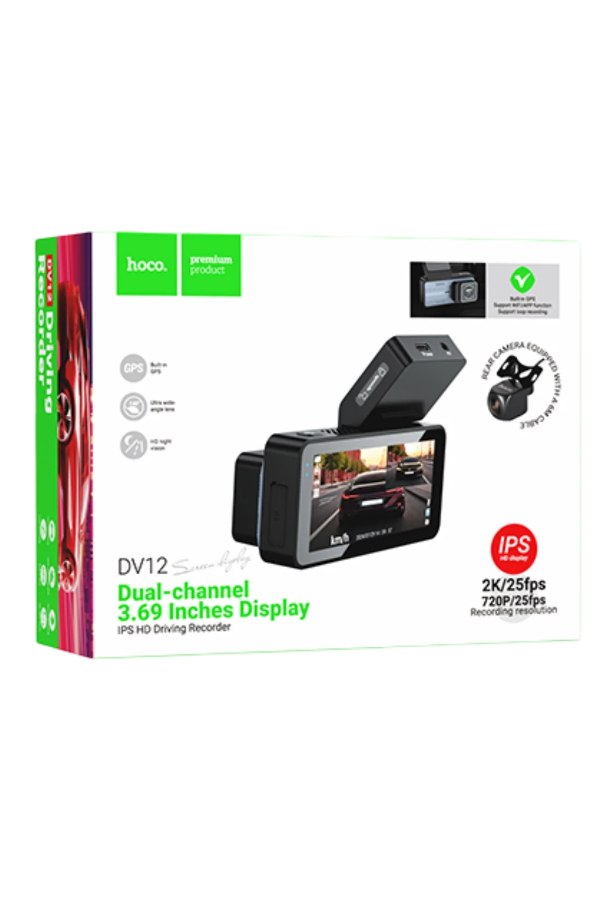 Hoco. DV12 2K GPS Destekli Ön ve Arka Kameralı Araç Kamerası - Gri