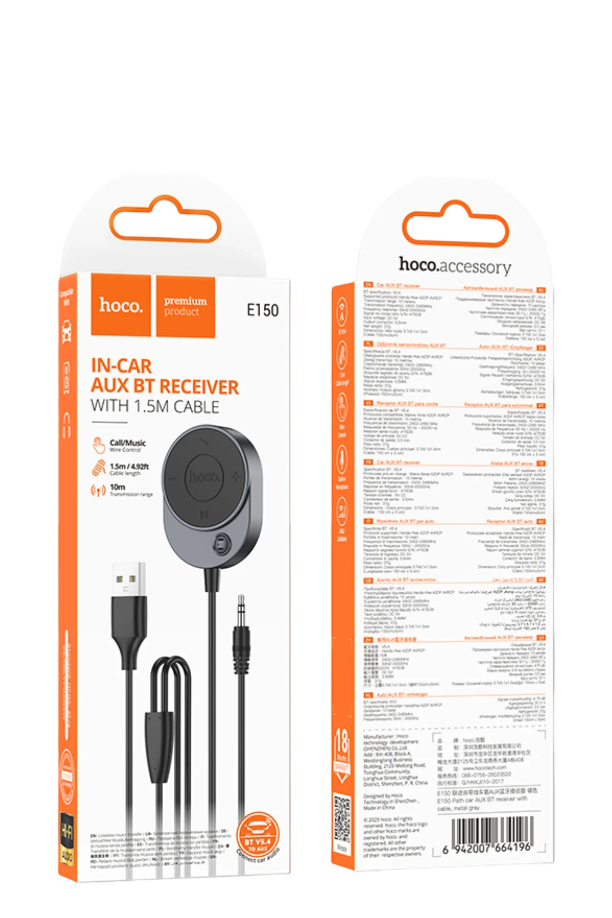 Hoco. E150 Tak Çalıştır AUX Bluetooth Ses Dönüştürücü - Gri