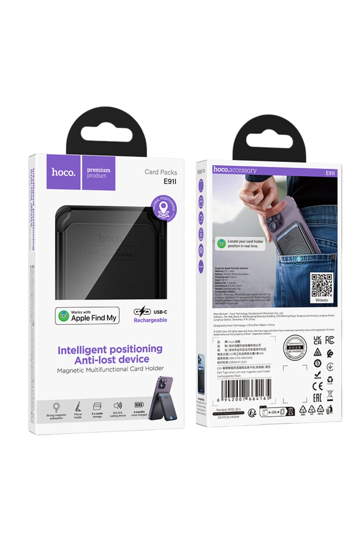 Hoco. E91I Tiger Smart Find My Özellikli Kablosuz Şarj Destekli Kablosuz Şarj Özellikli Kartlık - Siyah