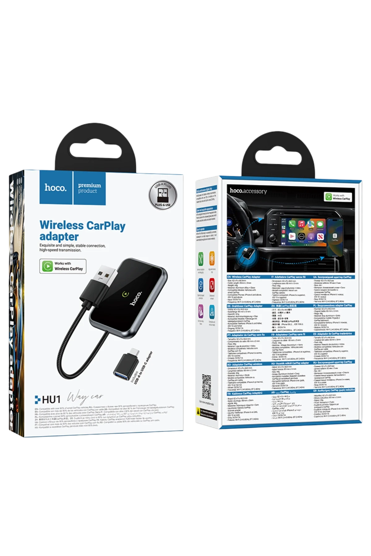 Hoco. HU1 Way 2in1 Type-C to USB Dönüştürücülü Kablosuz CarPlay Adaptör - Siyah