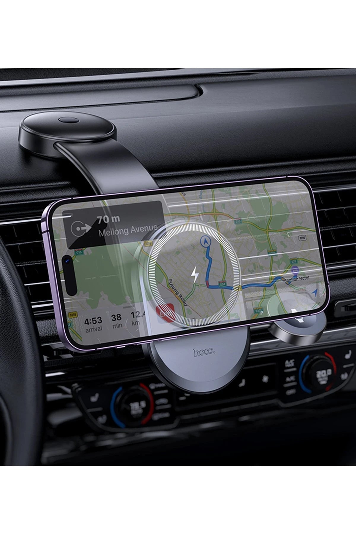 Hoco. HW28 Excelso Yapışkanlı 15W Kablosuz Şarj ve 2.5W Kablosuz Saat Şarj Destekli Magsafe Araç Tutucu - Siyah