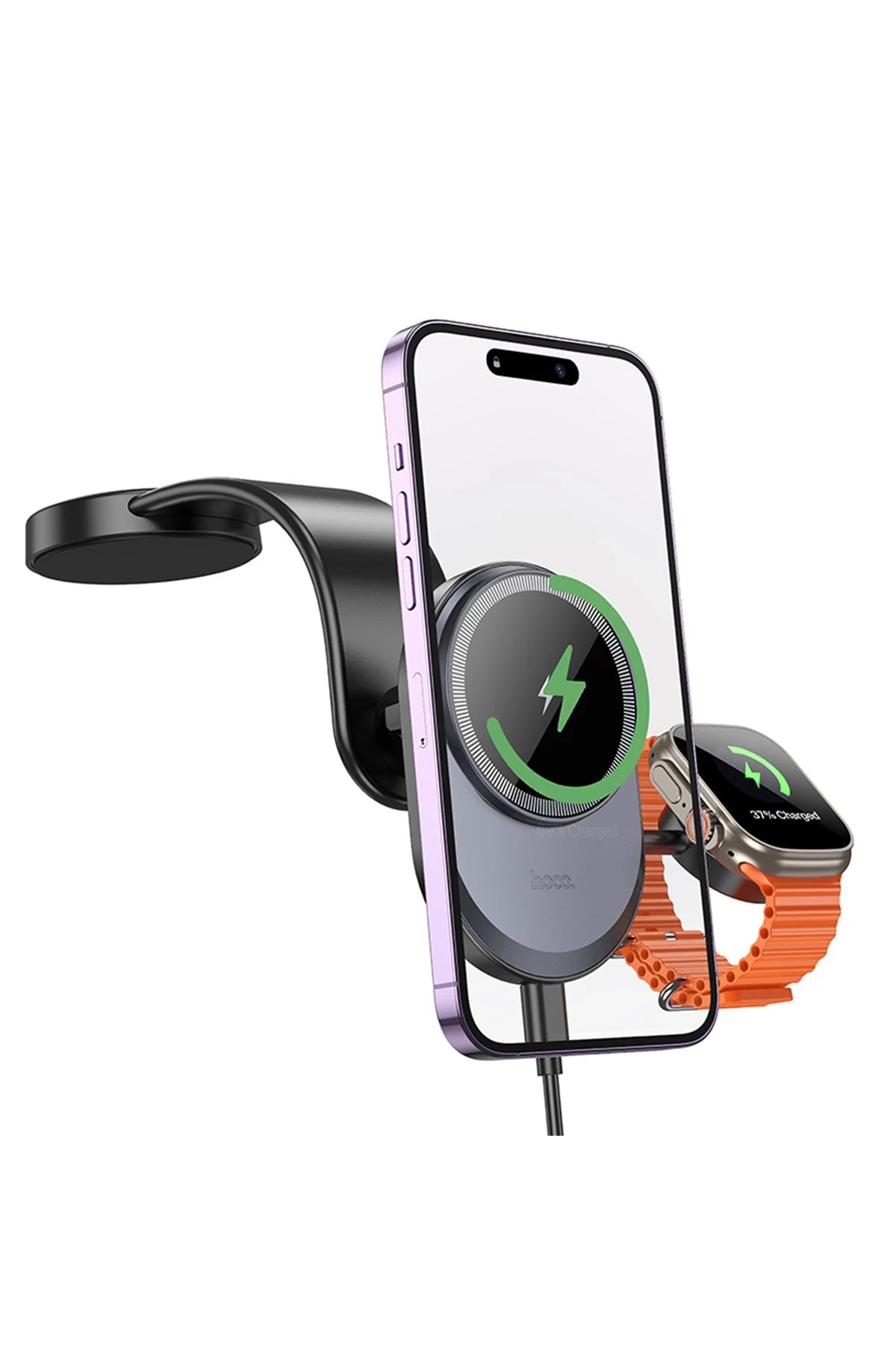 Hoco. HW28 Excelso Yapışkanlı 15W Kablosuz Şarj ve 2.5W Kablosuz Saat Şarj Destekli Magsafe Araç Tutucu - Siyah