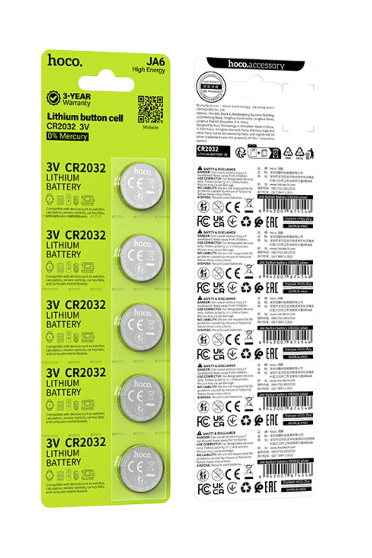 Hoco. JA6 CR2032 3V Düğme Pil 5’li Paket - Gümüş