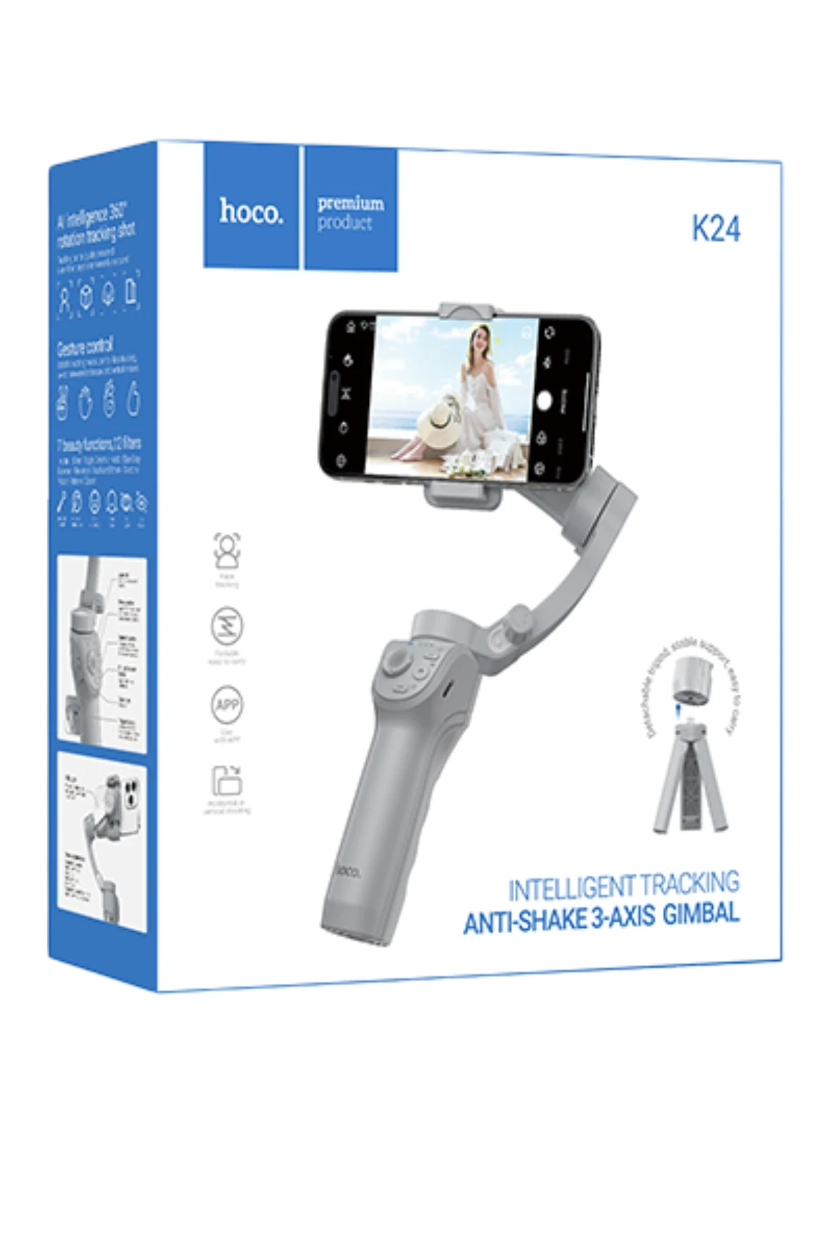 Hoco. K24 360 Derece Otomatik Yüz Takipli Tripodlu Akıllı Selfie Gimbal - Gri