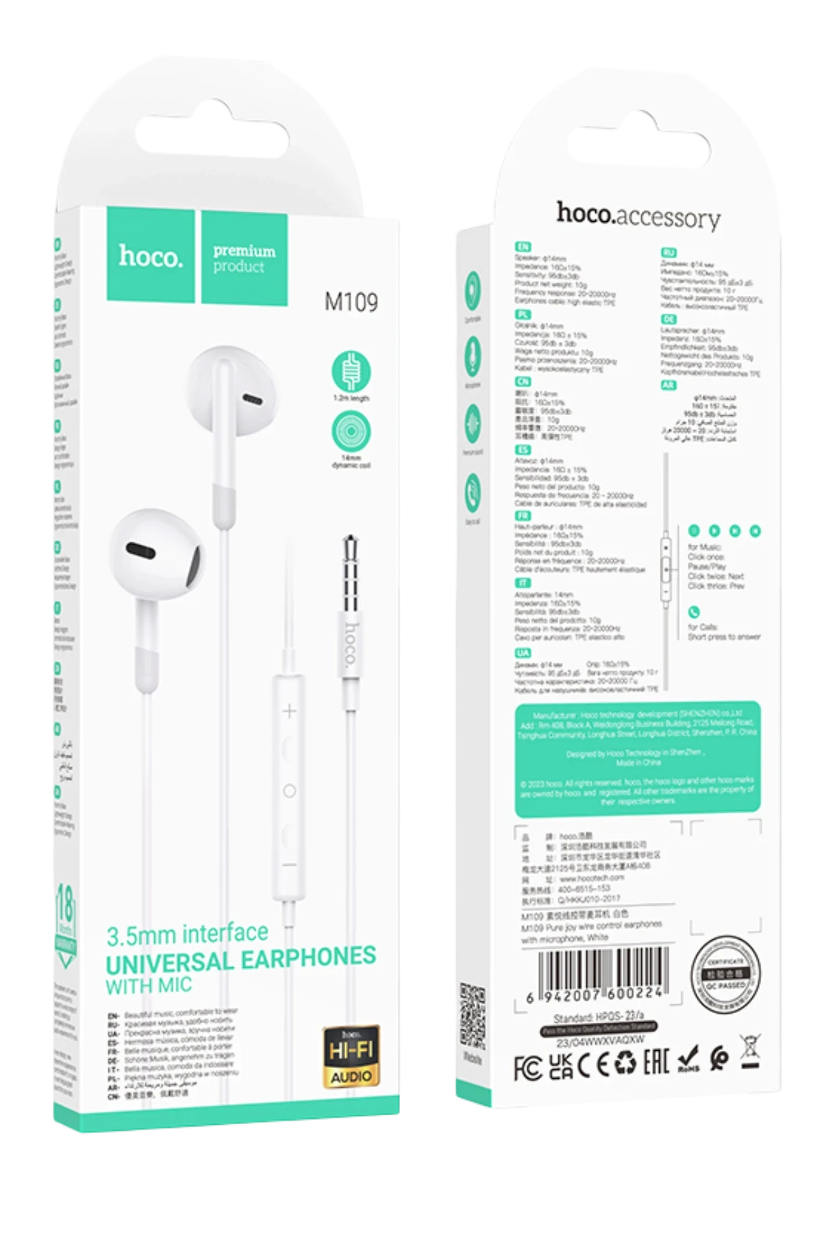 Hoco. M109 3.5mm Mikrofonlu Kablolu Kulaklık - Beyaz