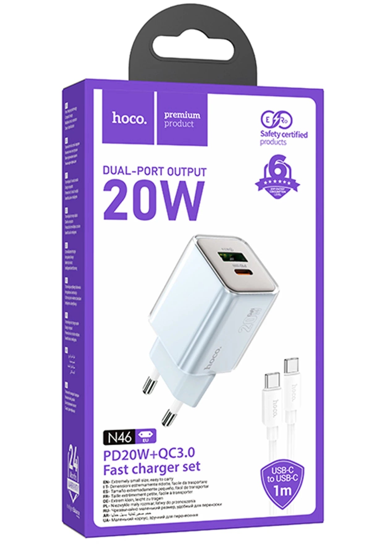 Hoco. N46 Glorious 1 Adet Type-C ve 1 Adet USB Çıkışlı Ekstra Type-C to Type-C Kablolu 20W PD Hızlı Şarj Aleti - Mavi