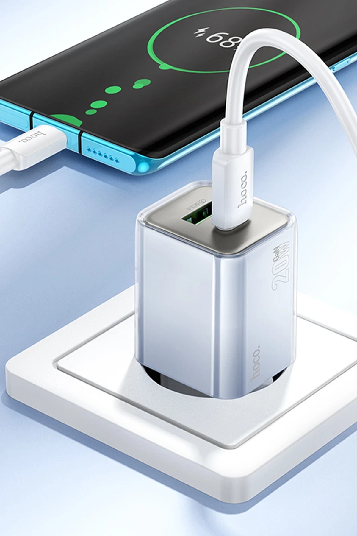 Hoco. N46 Glorious 1 Adet Type-C ve 1 Adet USB Çıkışlı Ekstra Type-C to Type-C Kablolu 20W PD Hızlı Şarj Aleti - Mavi