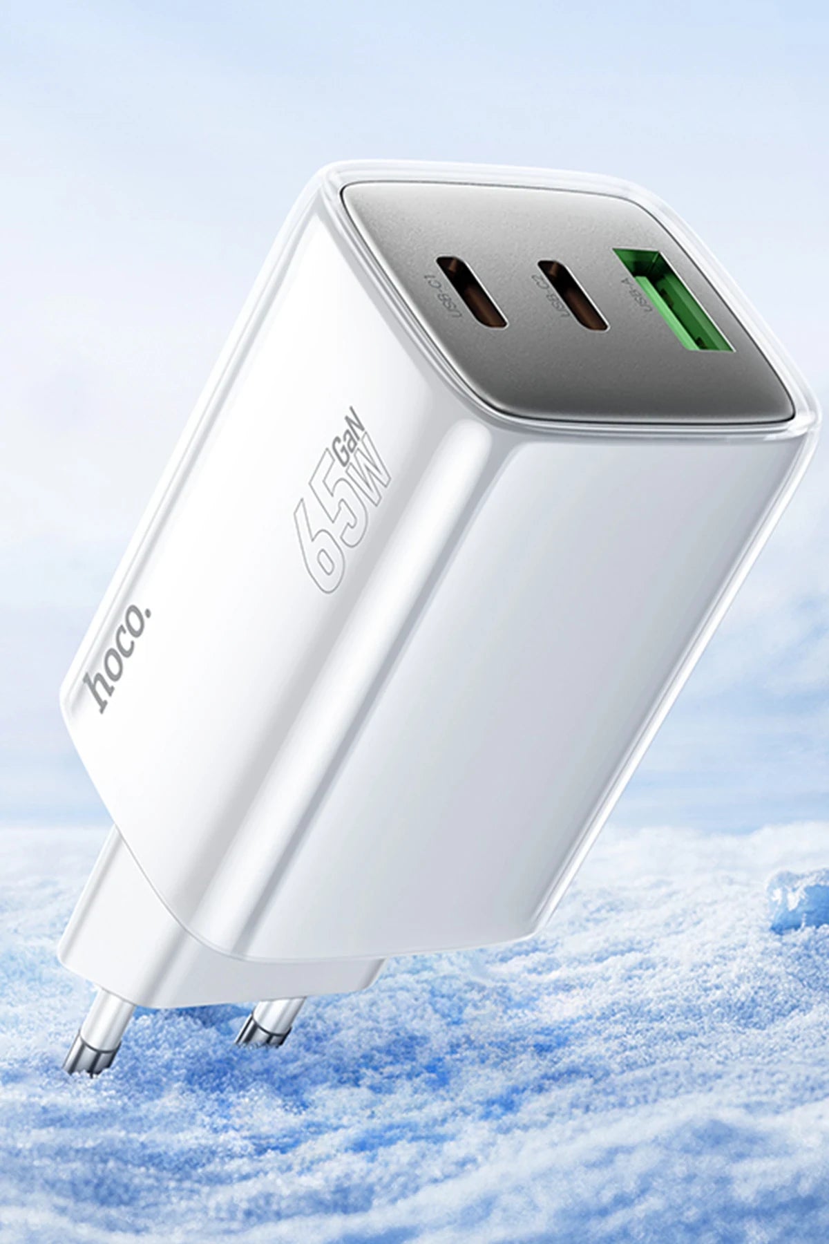 Hoco. N49 Glorious 2 Adet Type-C ve 1 Adet USB Çıkışlı Ekstra Type-C to Type-C Kablolu 65W PD Hızlı Şarj Aleti - Mavi