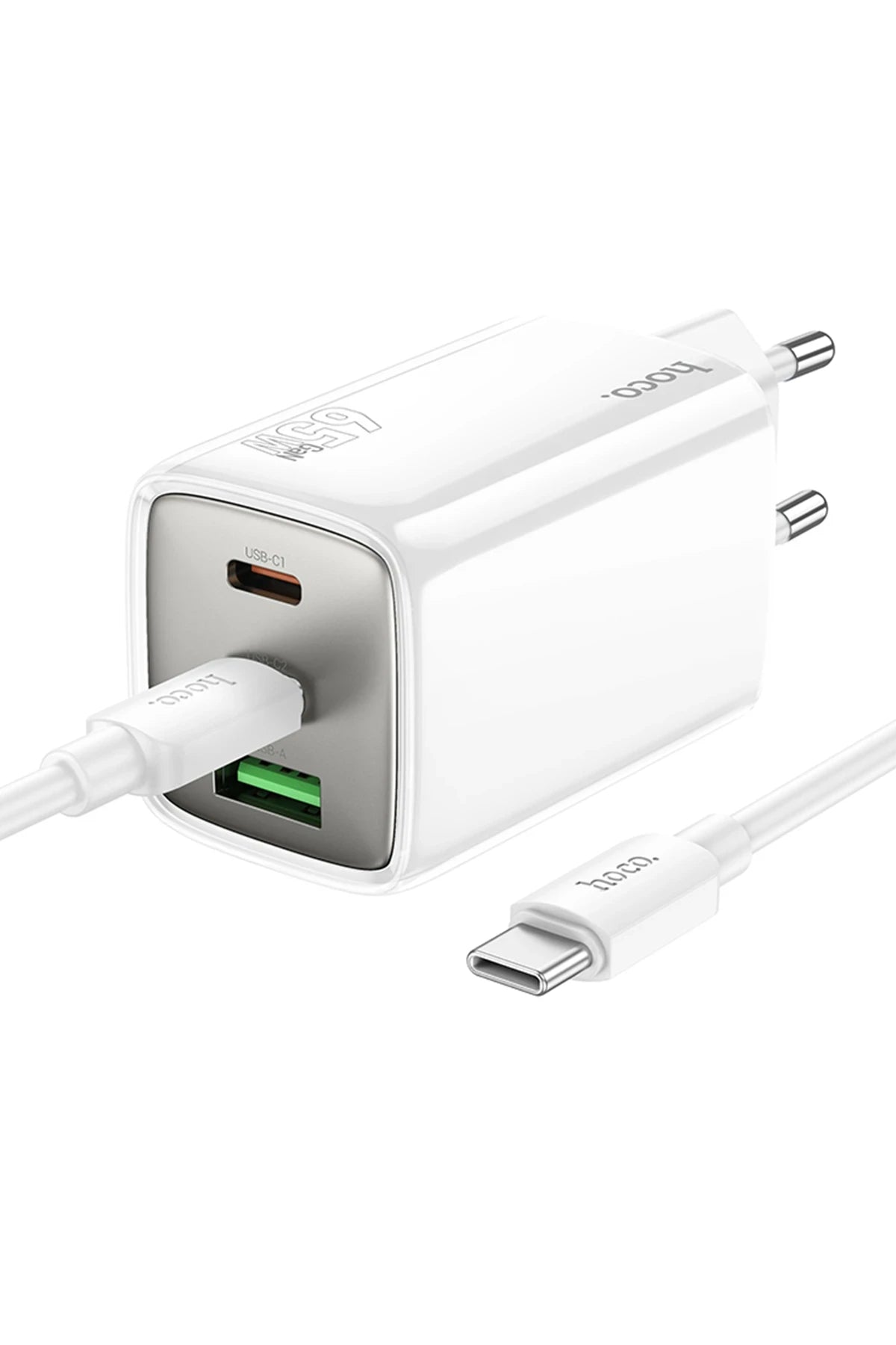 Hoco. N49 Glorious 2 Adet Type-C ve 1 Adet USB Çıkışlı Ekstra Type-C to Type-C Kablolu 65W PD Hızlı Şarj Aleti - Beyaz