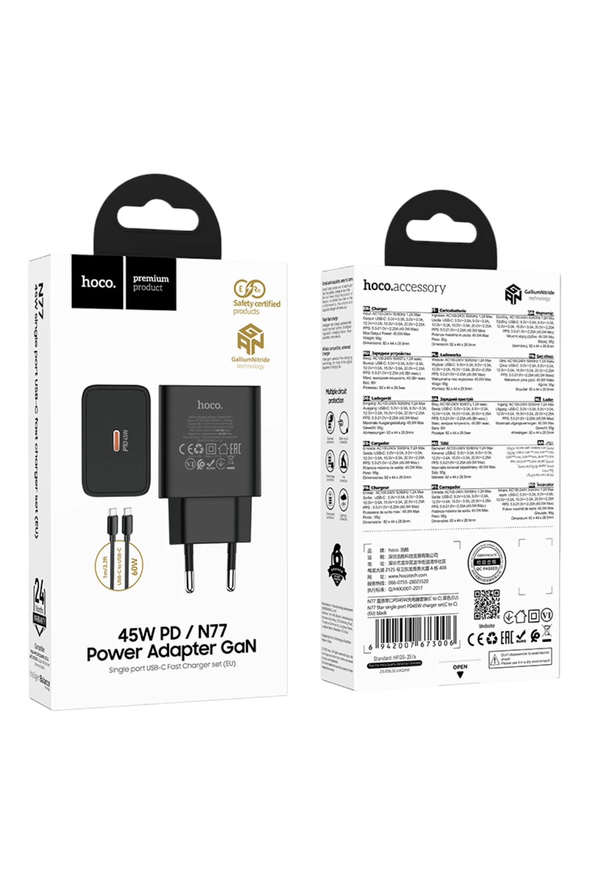 Hoco. N77 Star 45W Type-C Çıkışlı Ekstra Type-C to Type-C Kablolu PD Hızlı Şarj Aleti - Siyah