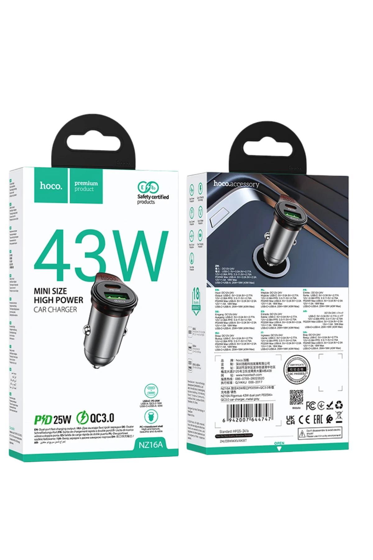 Hoco. NZ16A Rigorous 43W Type-C ve USB-A Çıkışlı Çift Port Araç İçi PD Hızlı Şarj Cihazı – Gri