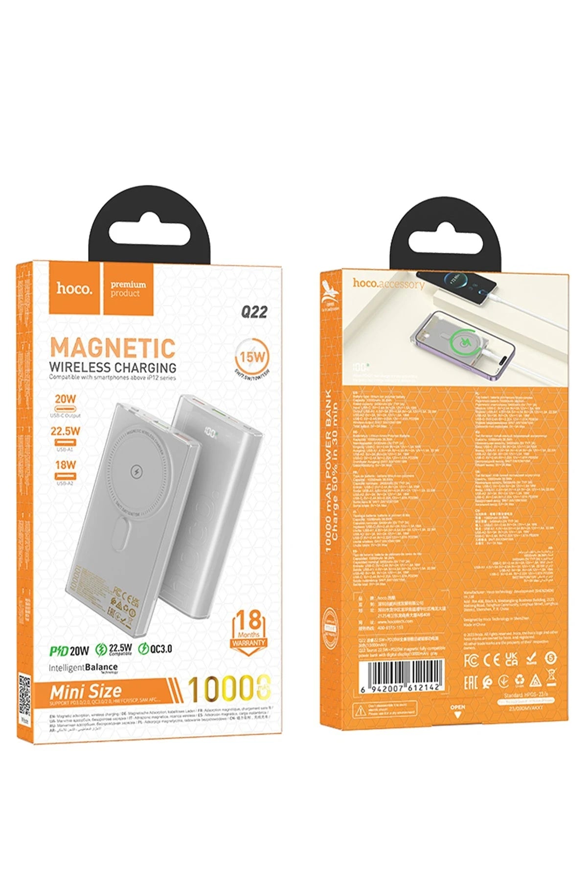 Hoco. Q22 Taurus 22.5W PD 20W Magsafe Dijital Ekranlı Powerbank - Gri