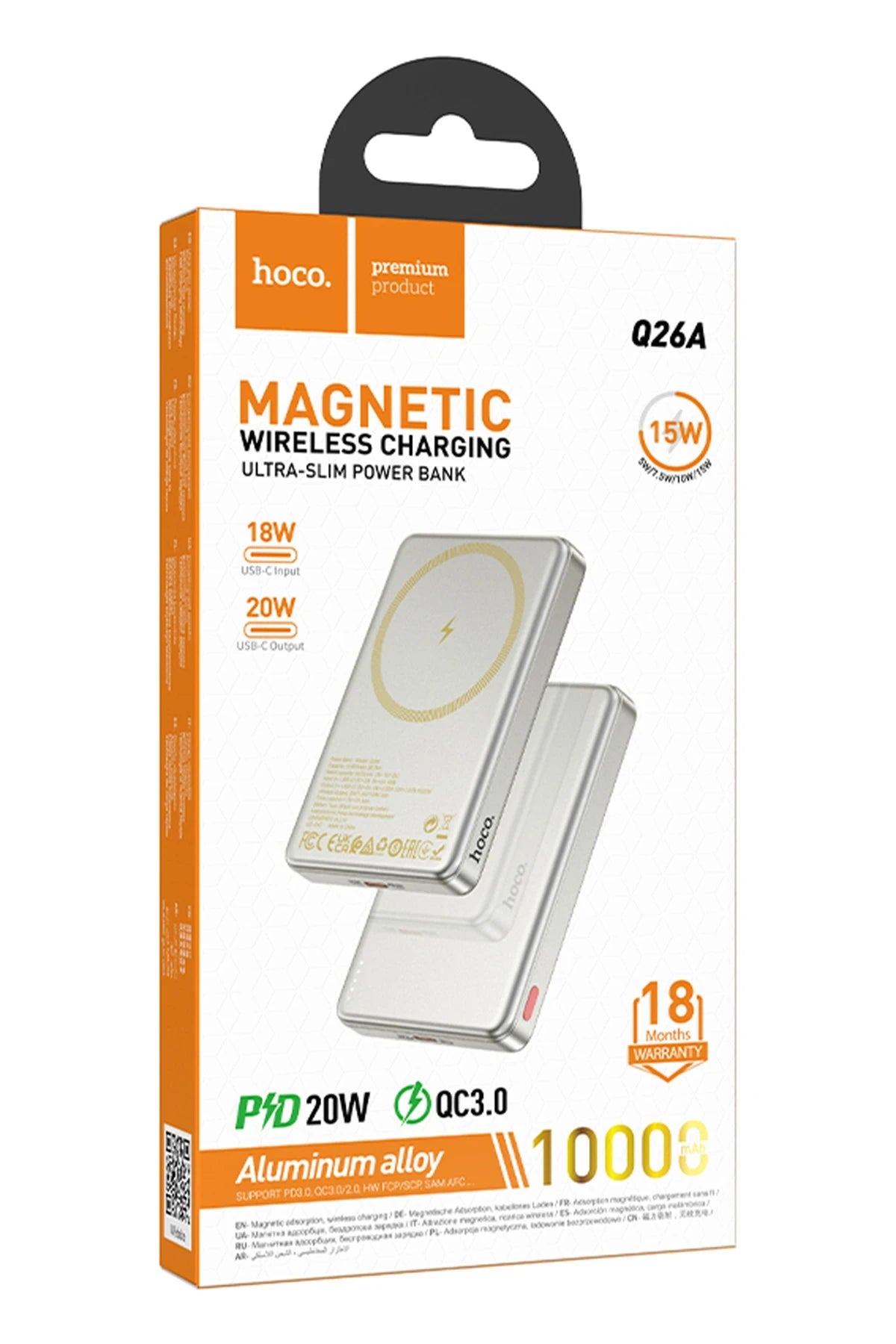 Hoco. Q26A Joy 10.000 mAh 20W Type-C ve 15W Kablosuz Magsafe Şarj Özellikli PD Powerbank - Turuncu