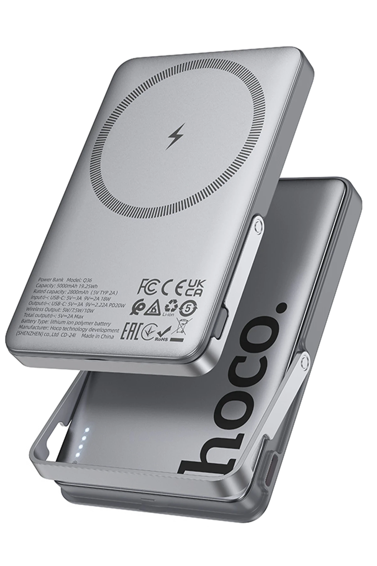 Hoco. Q36 Sunlight 5.000 mAh 20W Type-C ve 10W Kablosuz Şarj PD Magsafe Standlı Powerbank - Titan Gri