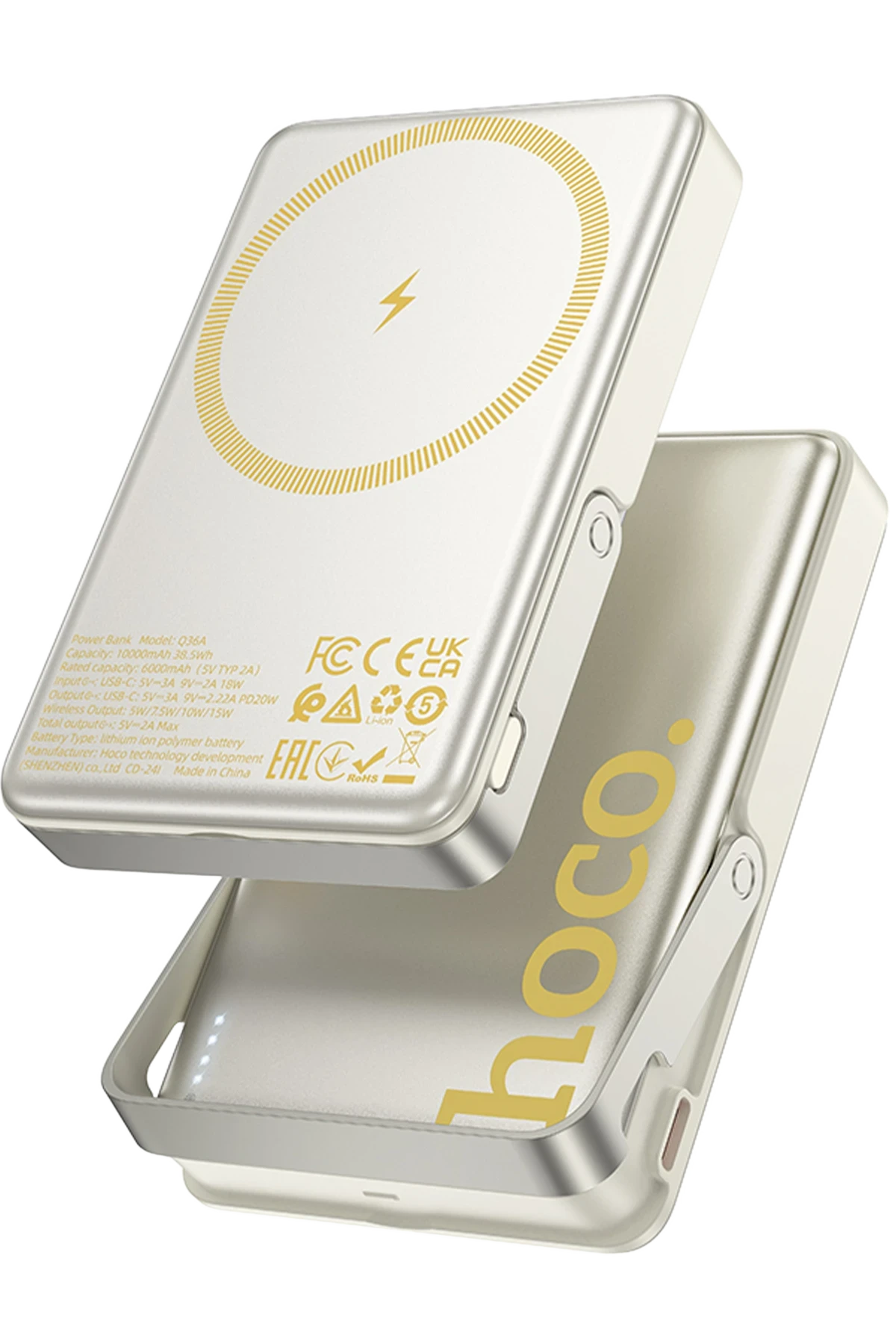 Hoco. Q36A Sunlight 10.000 mAh 20W Type-C ve 10W Kablosuz Şarj PD Magsafe Standlı Powerbank - Gold