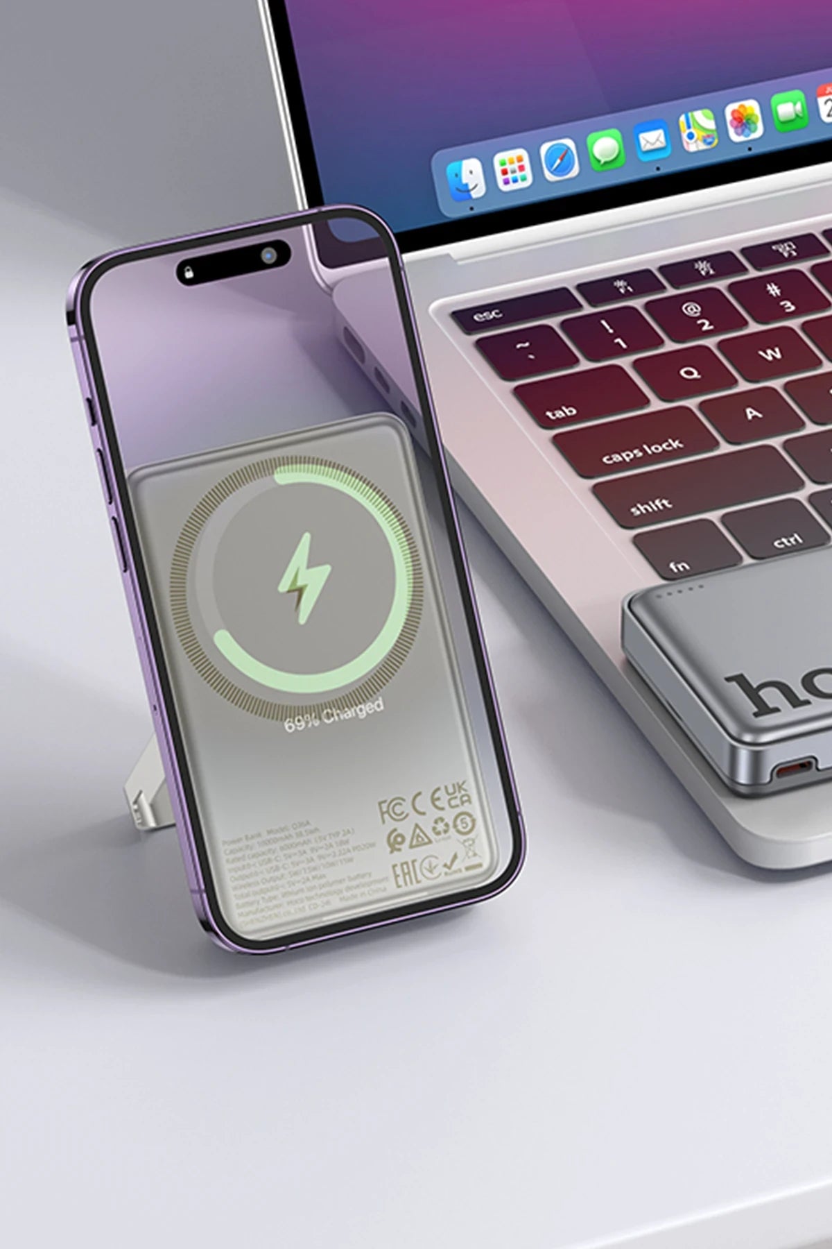 Hoco. Q36A Sunlight 10.000 mAh 20W Type-C ve 10W Kablosuz Şarj PD Magsafe Standlı Powerbank - Titan Gri