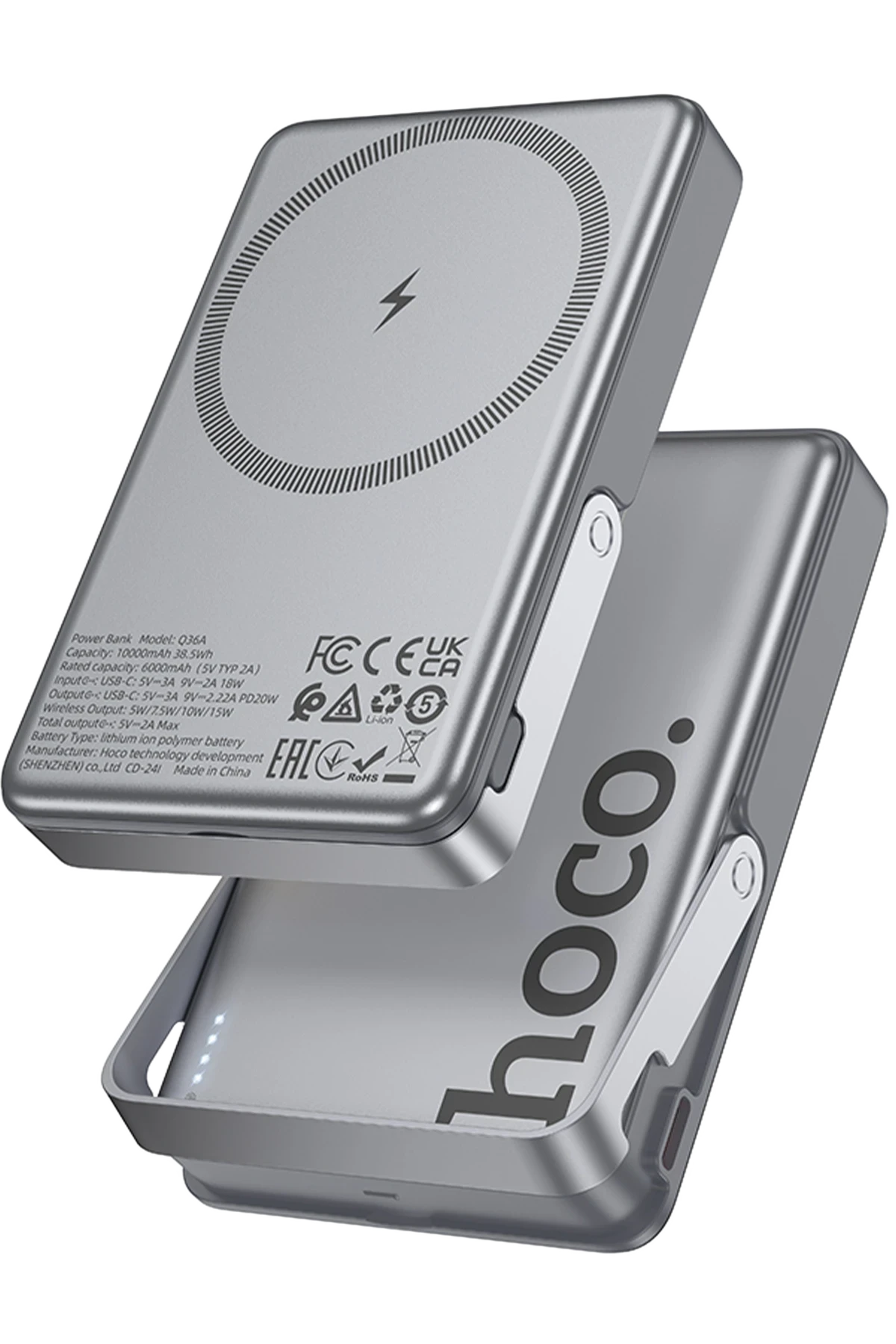 Hoco. Q36A Sunlight 10.000 mAh 20W Type-C ve 10W Kablosuz Şarj PD Magsafe Standlı Powerbank - Titan Gri