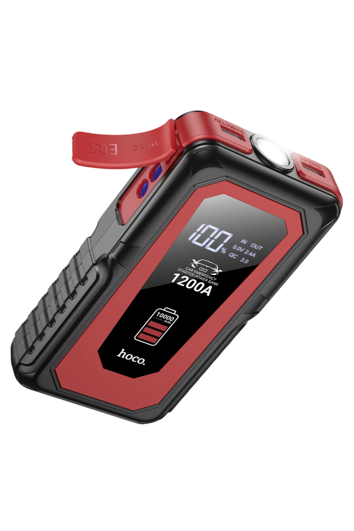 Hoco. QS3 Victory Dijital Göstergeli 10.000 mAh Bataryalı LED Acil Durum Fenerli Araç Akü Takviye Özellikli Powerbank – Siyah