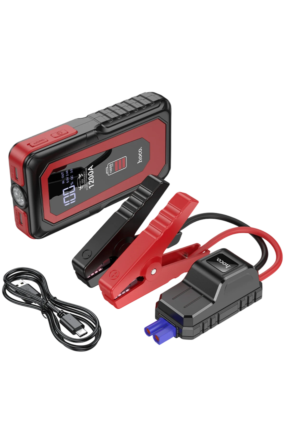 Hoco. QS3 Victory Dijital Göstergeli 10.000 mAh Bataryalı LED Acil Durum Fenerli Araç Akü Takviye Özellikli Powerbank – Siyah