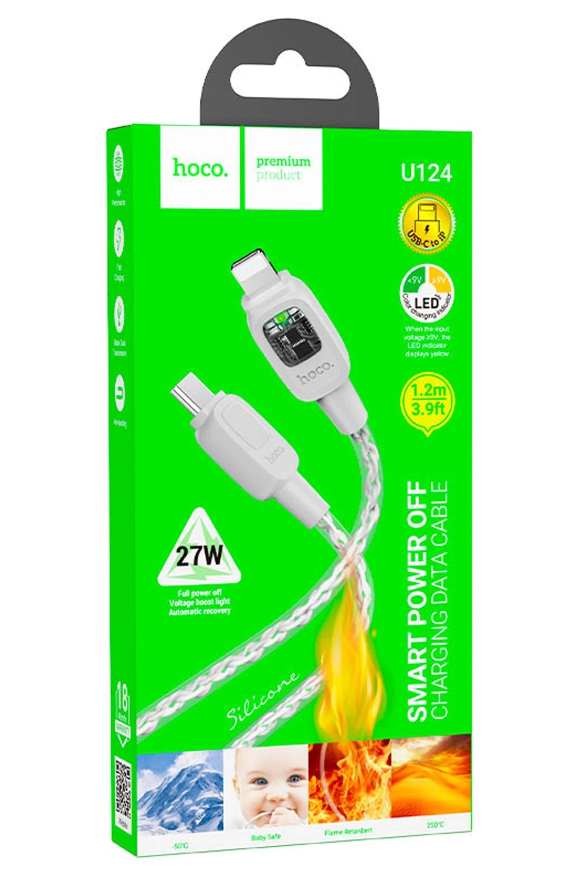 Hoco. U124 Stone 1.2M 27W Type-C to Lightning Otomatik Şarj Kesme Özellikli PD Hızlı Şarj Kablosu - Gri