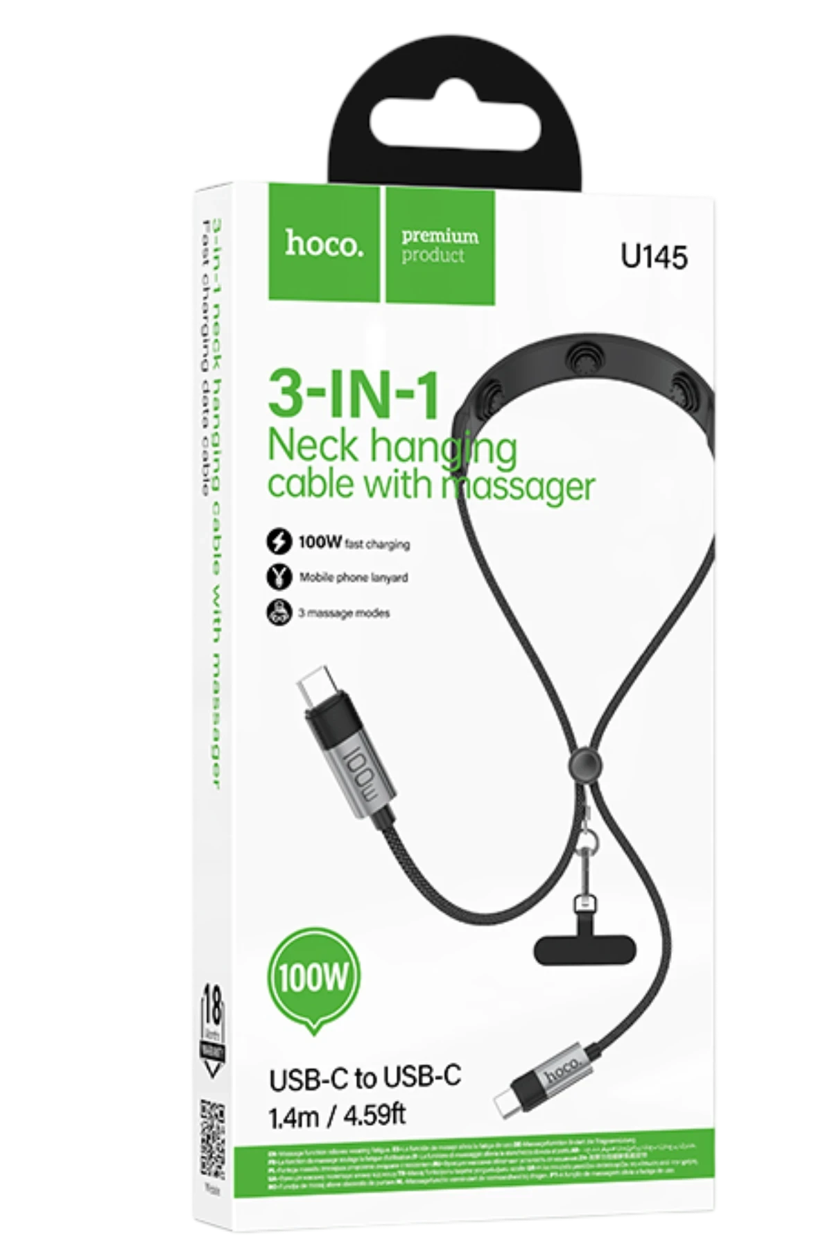 Hoco. U145 1.4M 100W Type-C to Type-C Masaj Özellikli Boyun Askılı PD Hızlı Şarj Kablosu