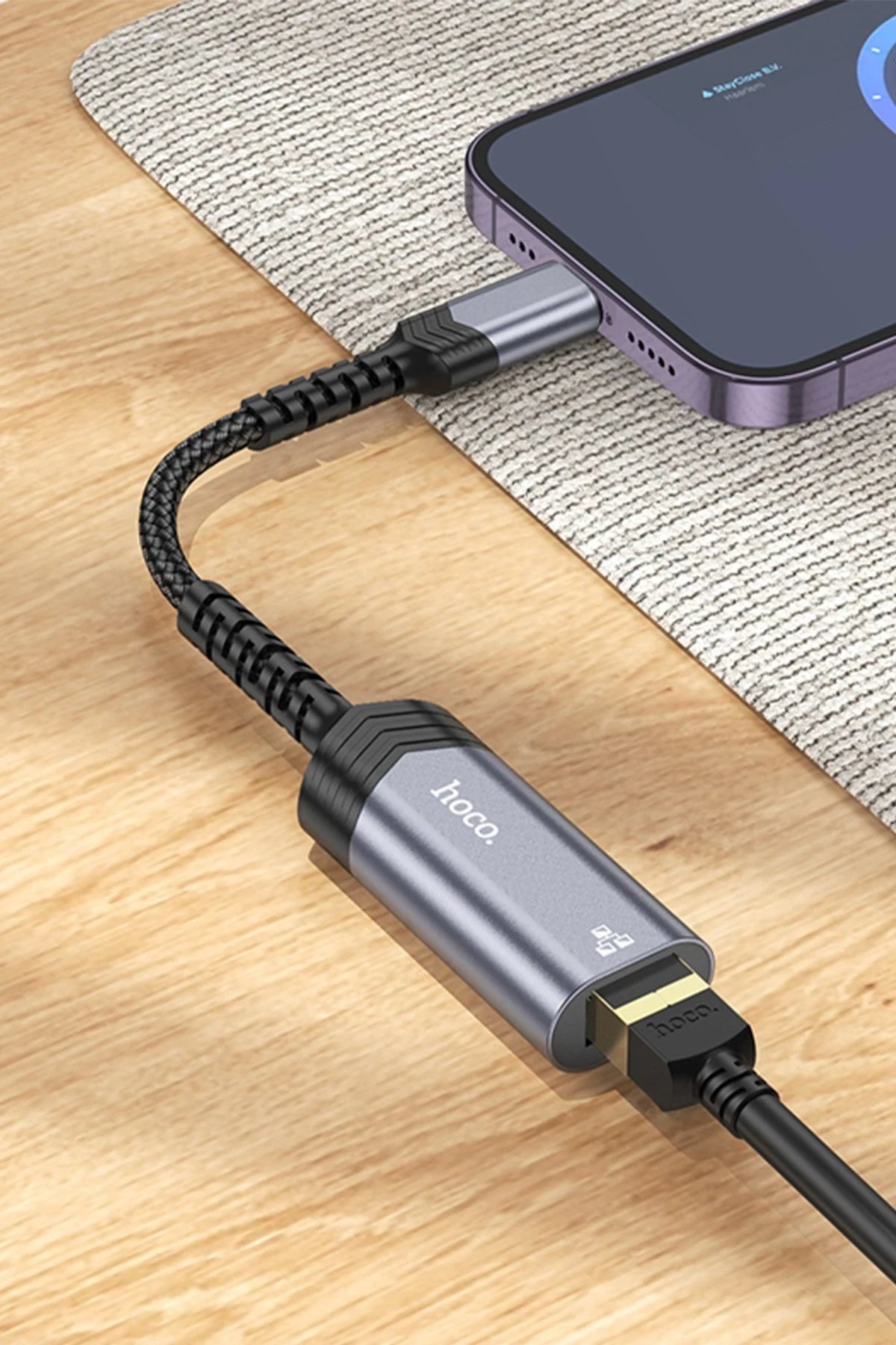 Hoco. UA26 Tak Çalıştır Lightning to RJ45 100 Mbps Ethernet Dönüştürücü - Gri