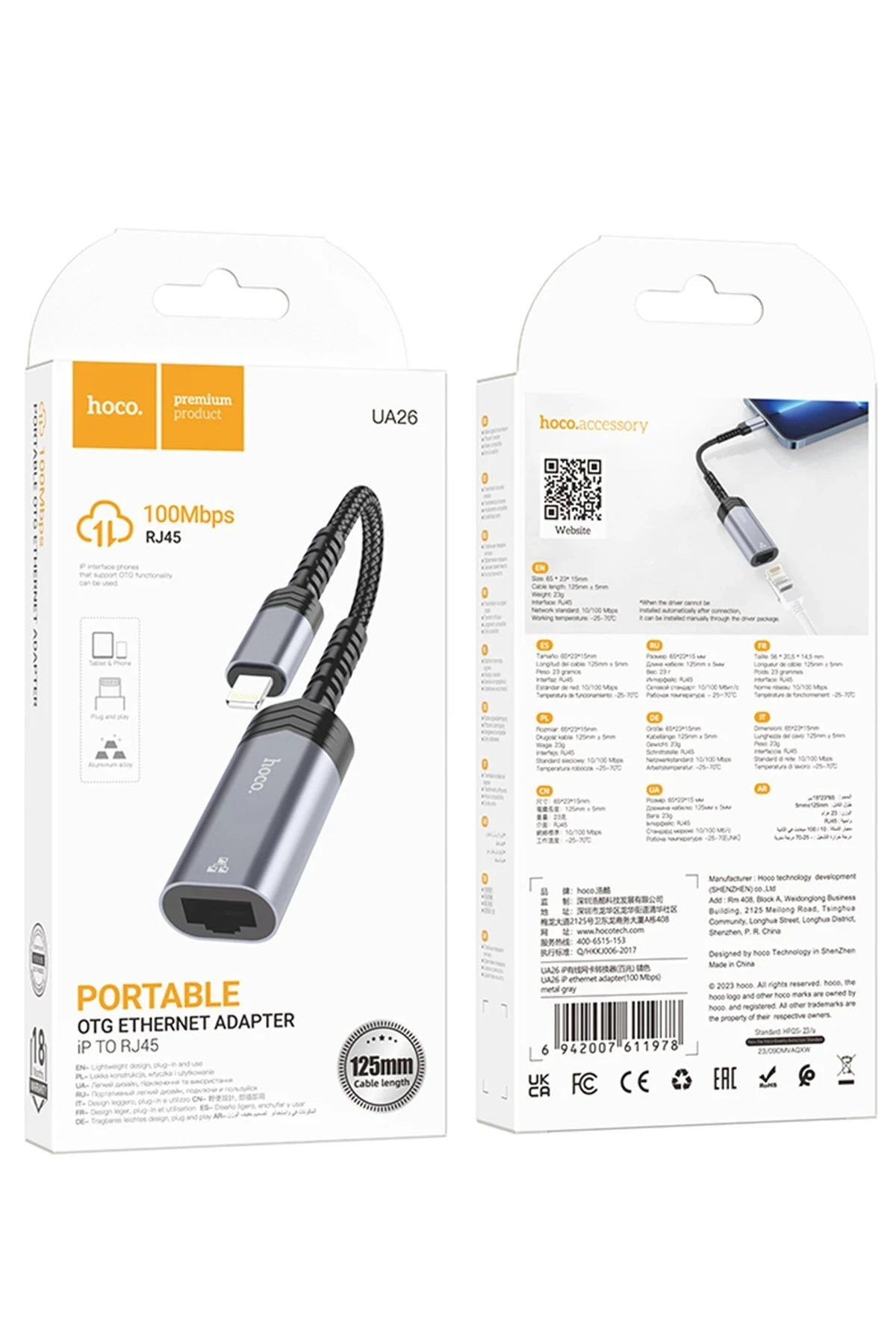Hoco. UA26 Tak Çalıştır Lightning to RJ45 100 Mbps Ethernet Dönüştürücü - Gri