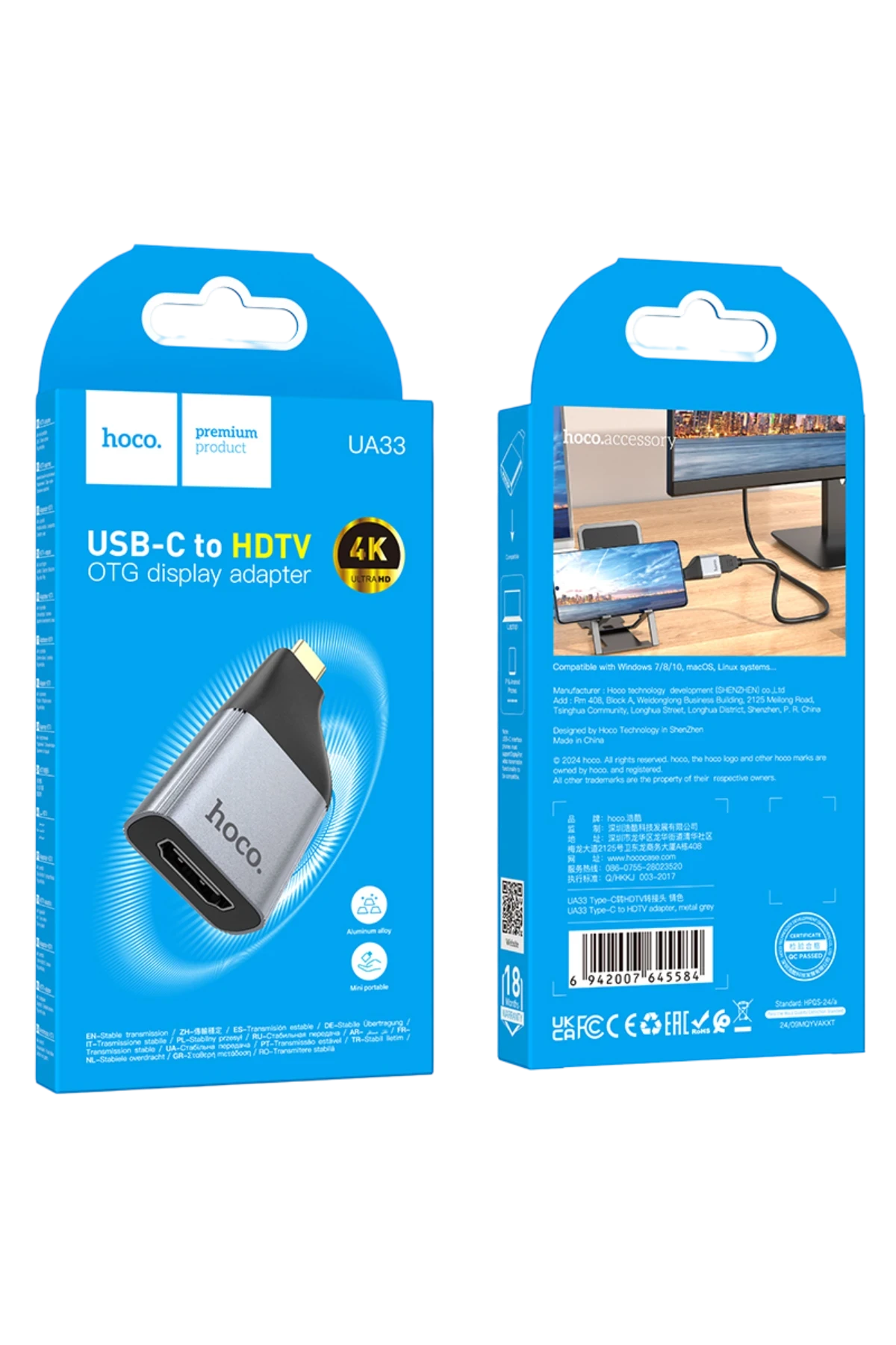 Hoco. UA33 Tak Çalıştır Type-C to HDMI 4K Dönüştürücü - Gri