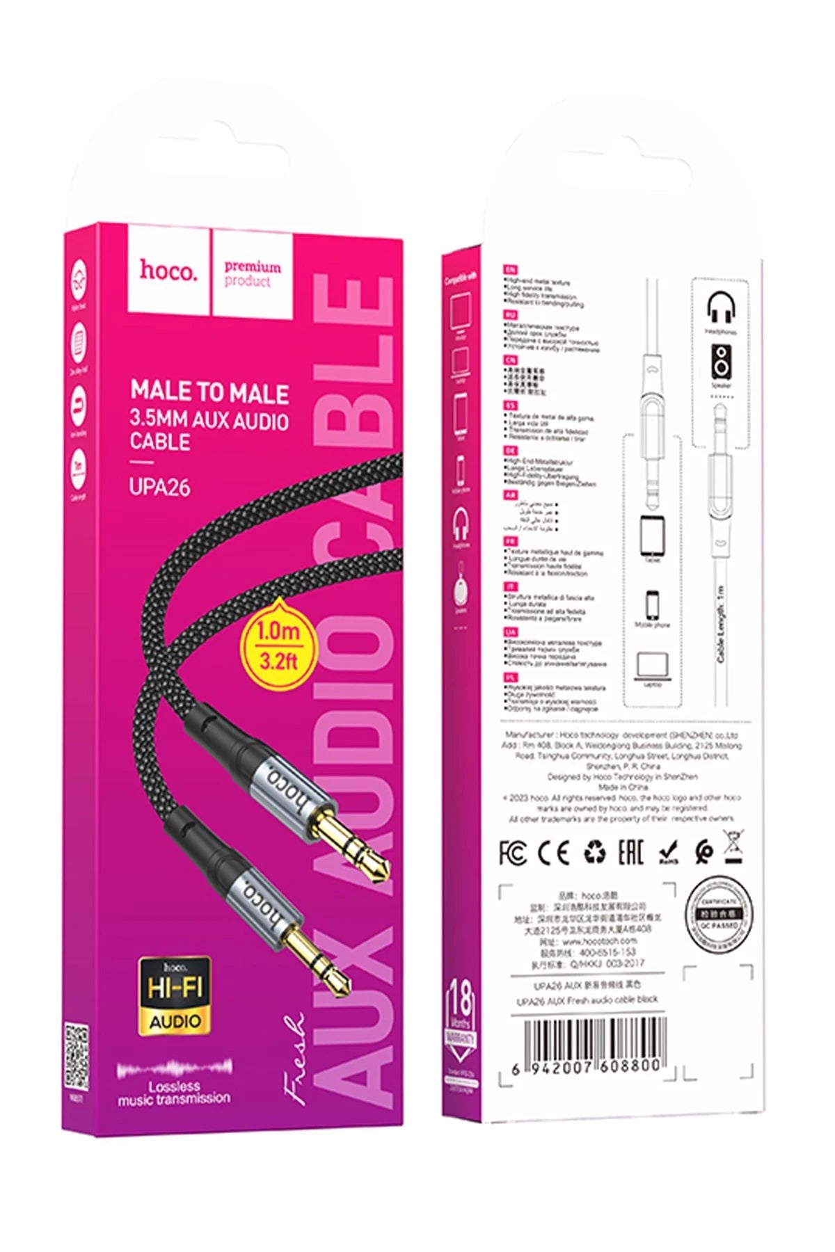 Hoco. UPA26 1M Hasırlı Aux Kablo - Siyah