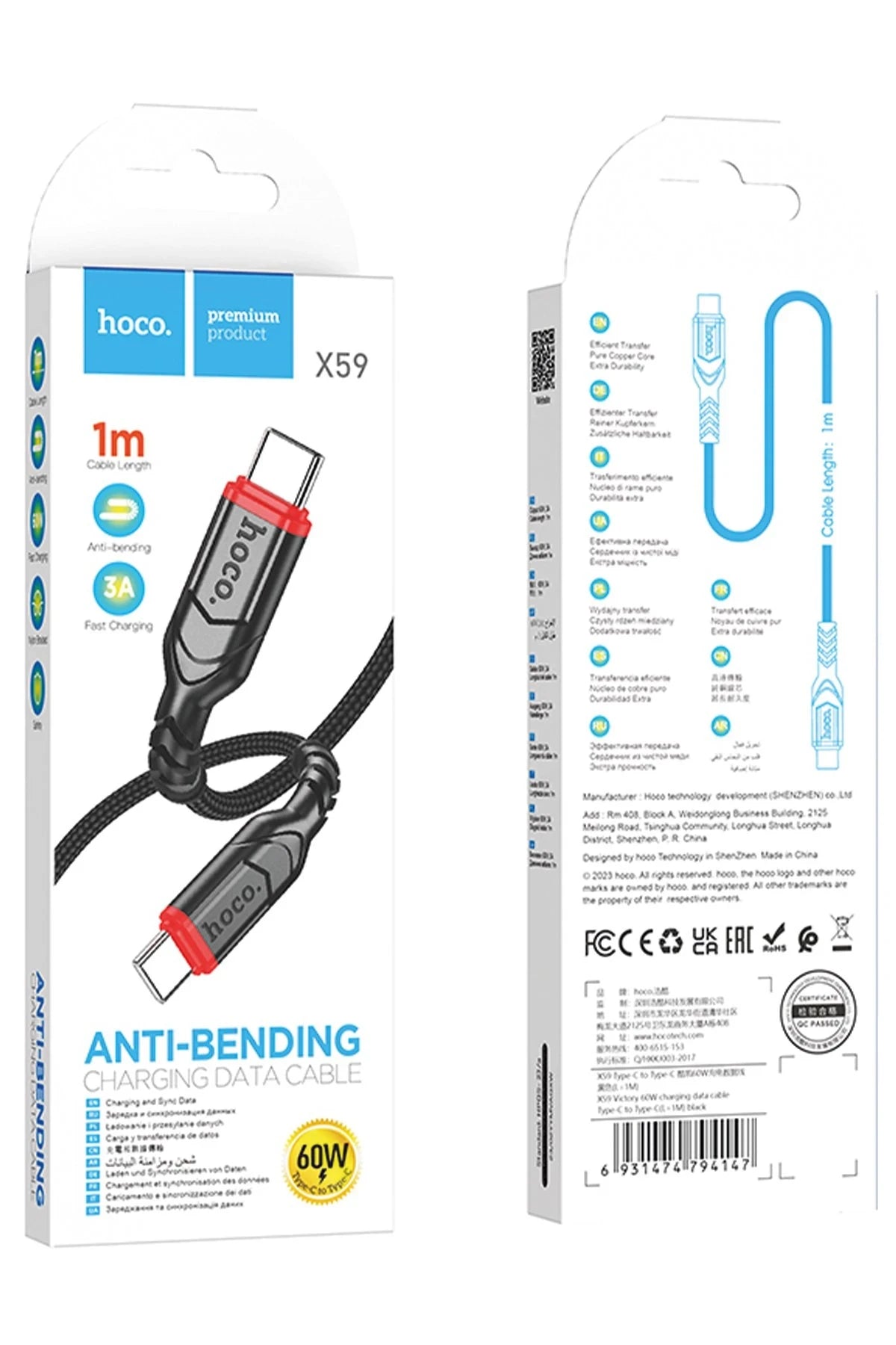 Hoco. X59 Victory 1M 60W Type-C to Type-C PD Hızlı Şarj Data Kablosu - Siyah