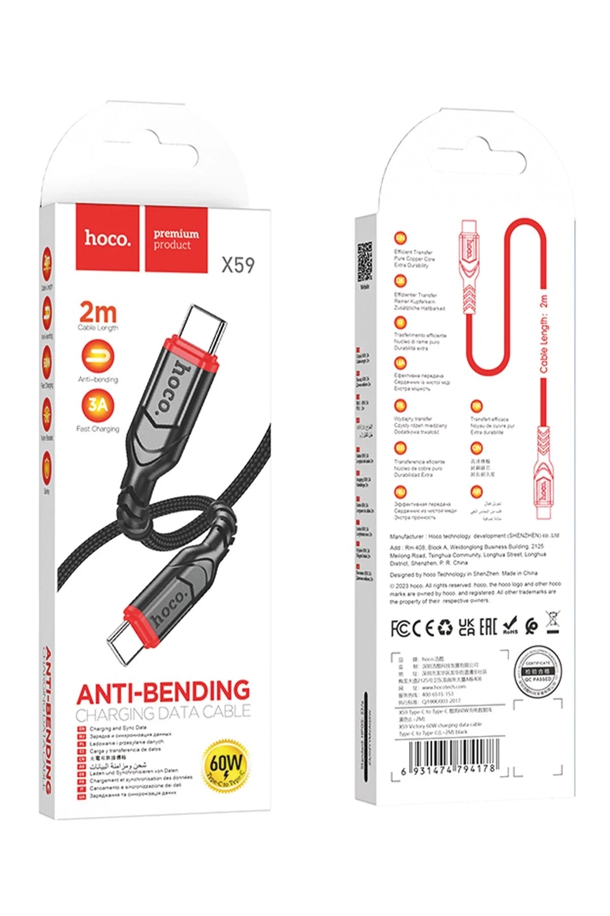 Hoco. X59 Victory 2M 60W Type-C to Type-C PD Hızlı Şarj Data Kablosu - Siyah