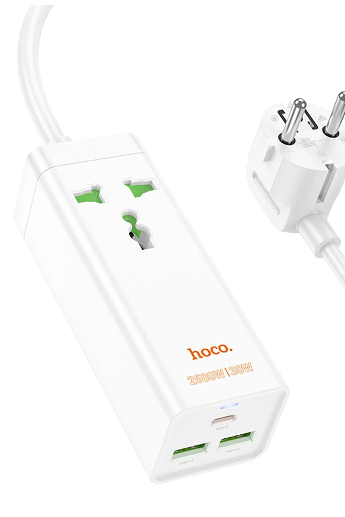 Hoco. AC9A 1.5M Talent 2 Adet USB 1 Adet Type-C 1 Adet Priz PD30W Şarj Aleti - Beyaz