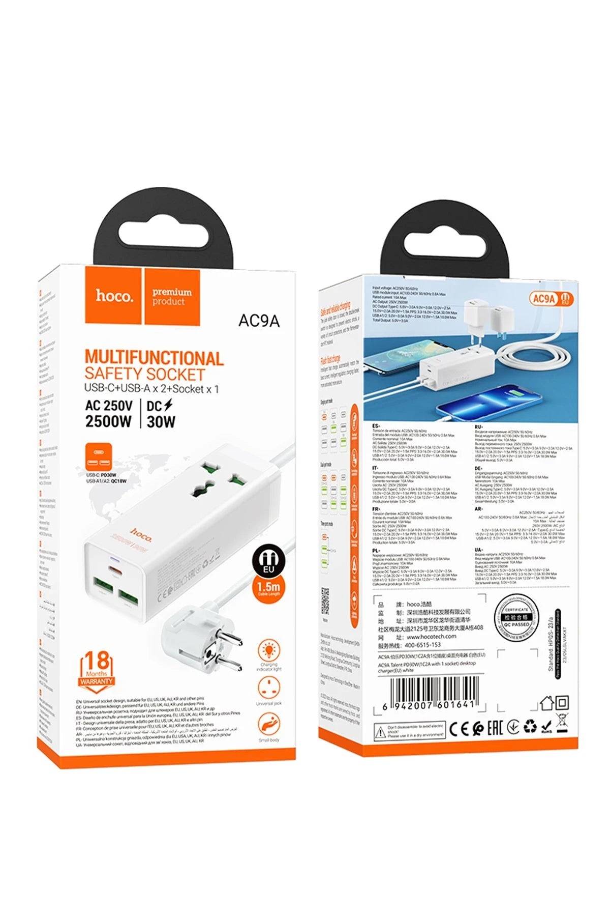 Hoco. AC9A 1.5M Talent 2 Adet USB 1 Adet Type-C 1 Adet Priz PD30W Şarj Aleti - Beyaz