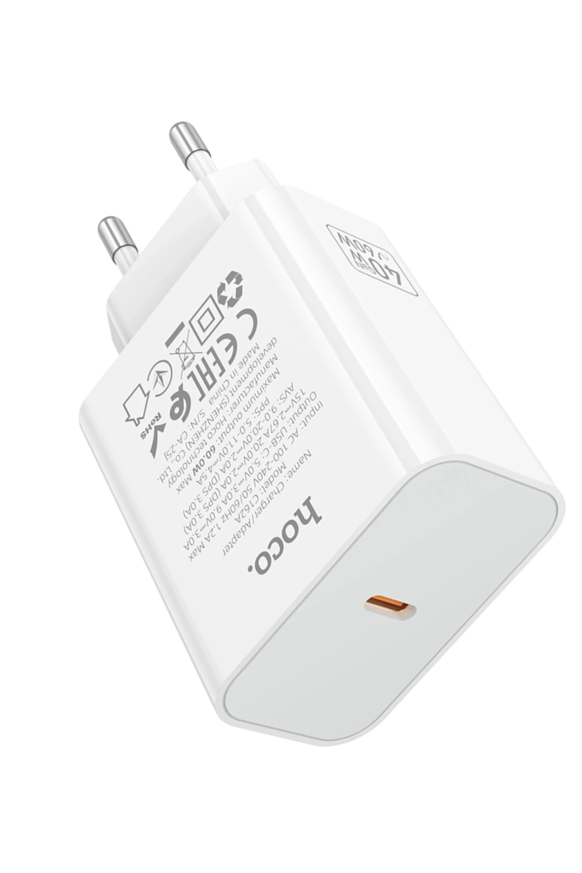 Hoco. C162A 40W PD Destekli Type-C Tek Port EU Şarj Adaptörü - Beyaz