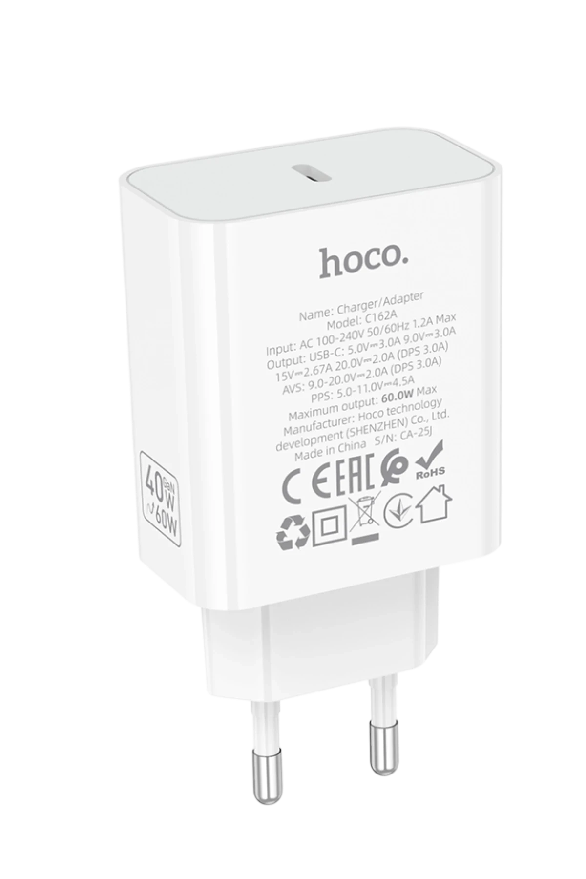 Hoco. C162A 40W PD Destekli Type-C Tek Port EU Şarj Adaptörü - Beyaz