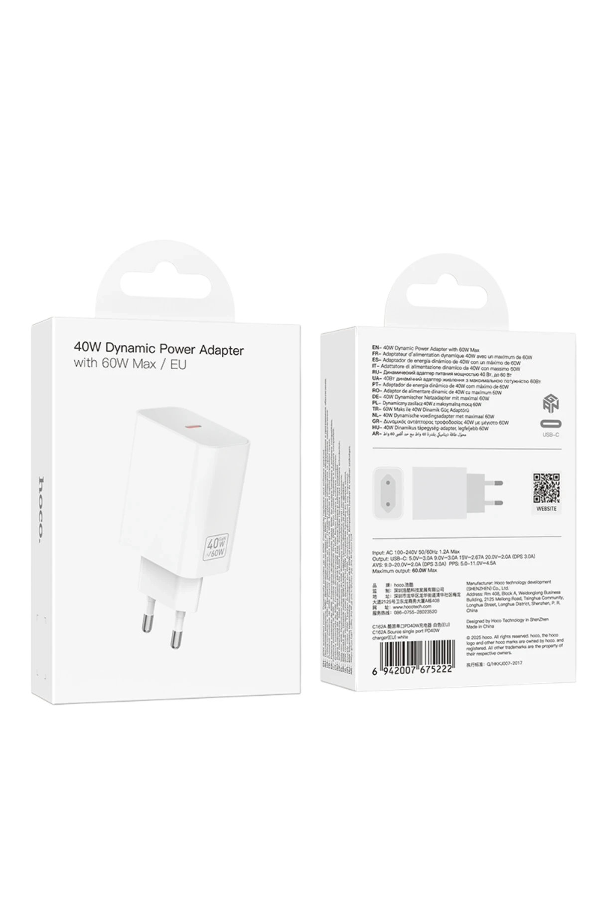 Hoco. C162A 40W PD Destekli Type-C Tek Port EU Şarj Adaptörü - Beyaz