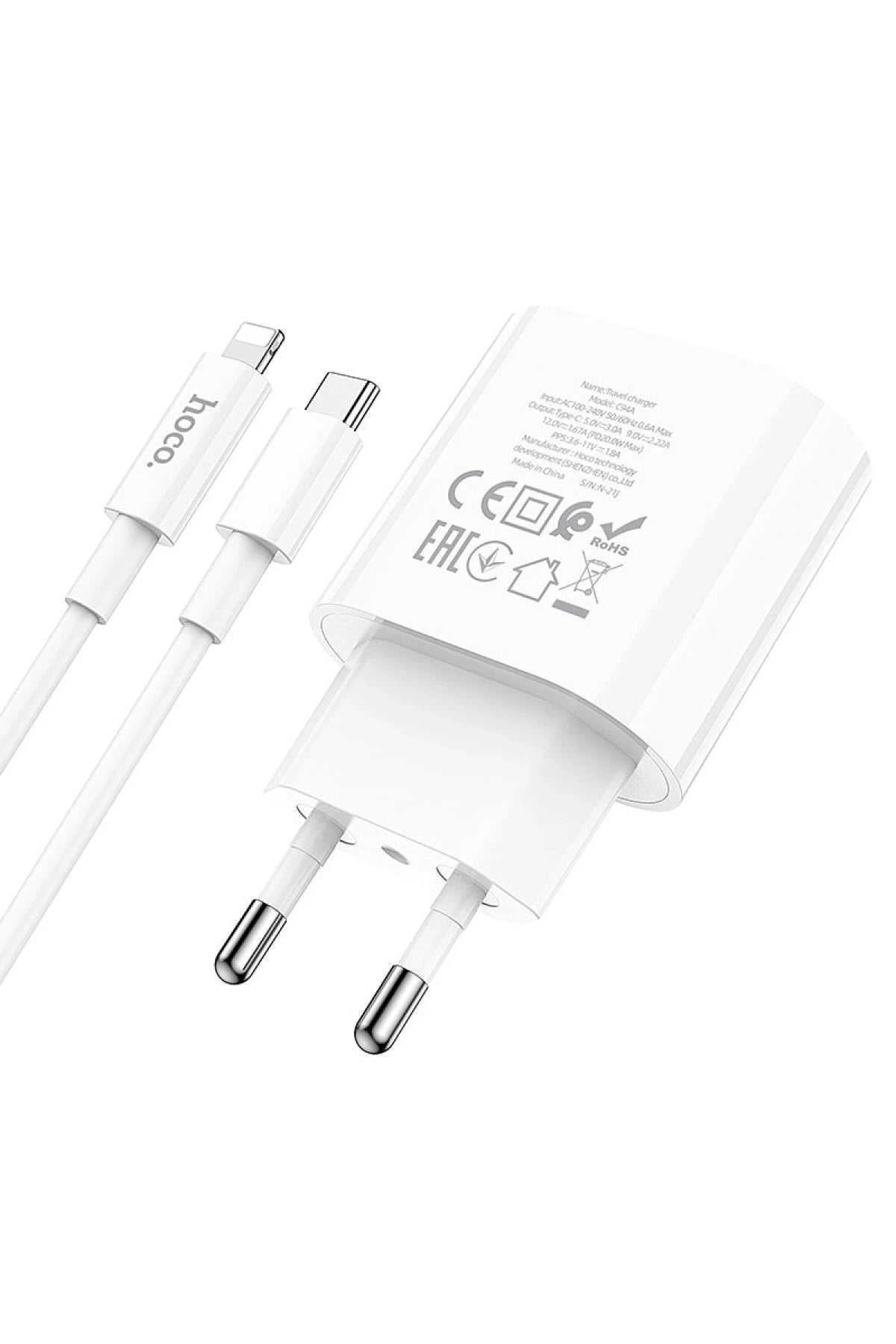 Hoco. C94A Metro 20W Type-C Çıkışlı Ekstra Type-C to Lightning Kablolu PD Hızlı Şarj Aleti - Beyaz