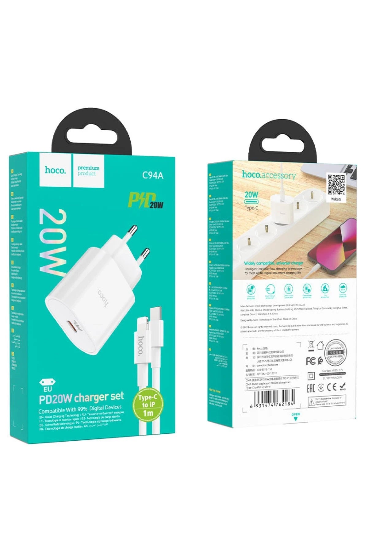 Hoco. C94A Metro 20W Type-C Çıkışlı Ekstra Type-C to Lightning Kablolu PD Hızlı Şarj Aleti - Beyaz