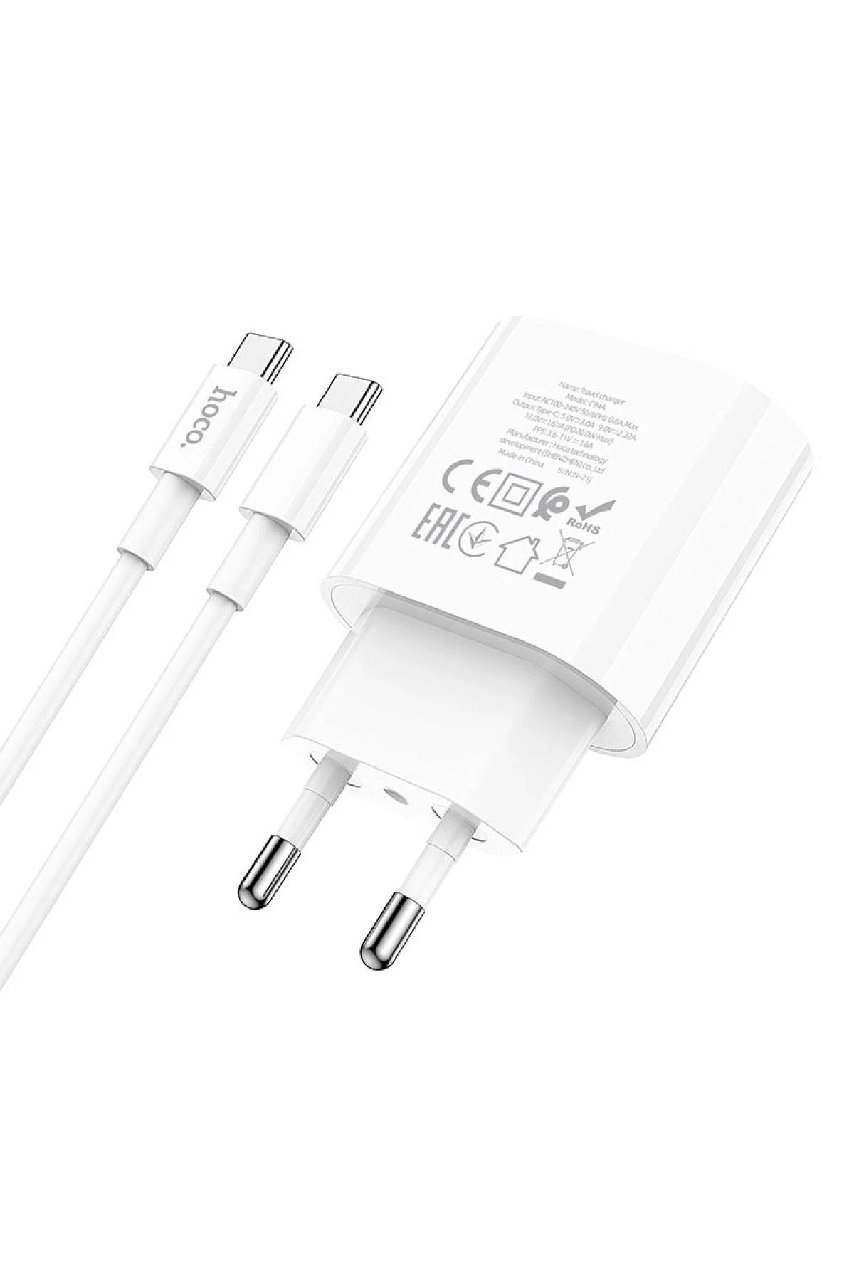 Hoco. C94A Metro 20W Type-C Çıkışlı Ekstra Type-C to Type-C Kablolu PD Hızlı Şarj Aleti - Beyaz